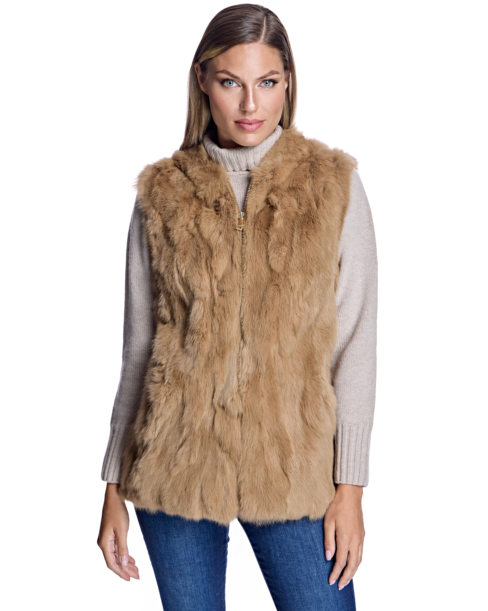 Chaleco de pelo de mujer de conejo con cremallera - Maximilian - Camel Camel-1