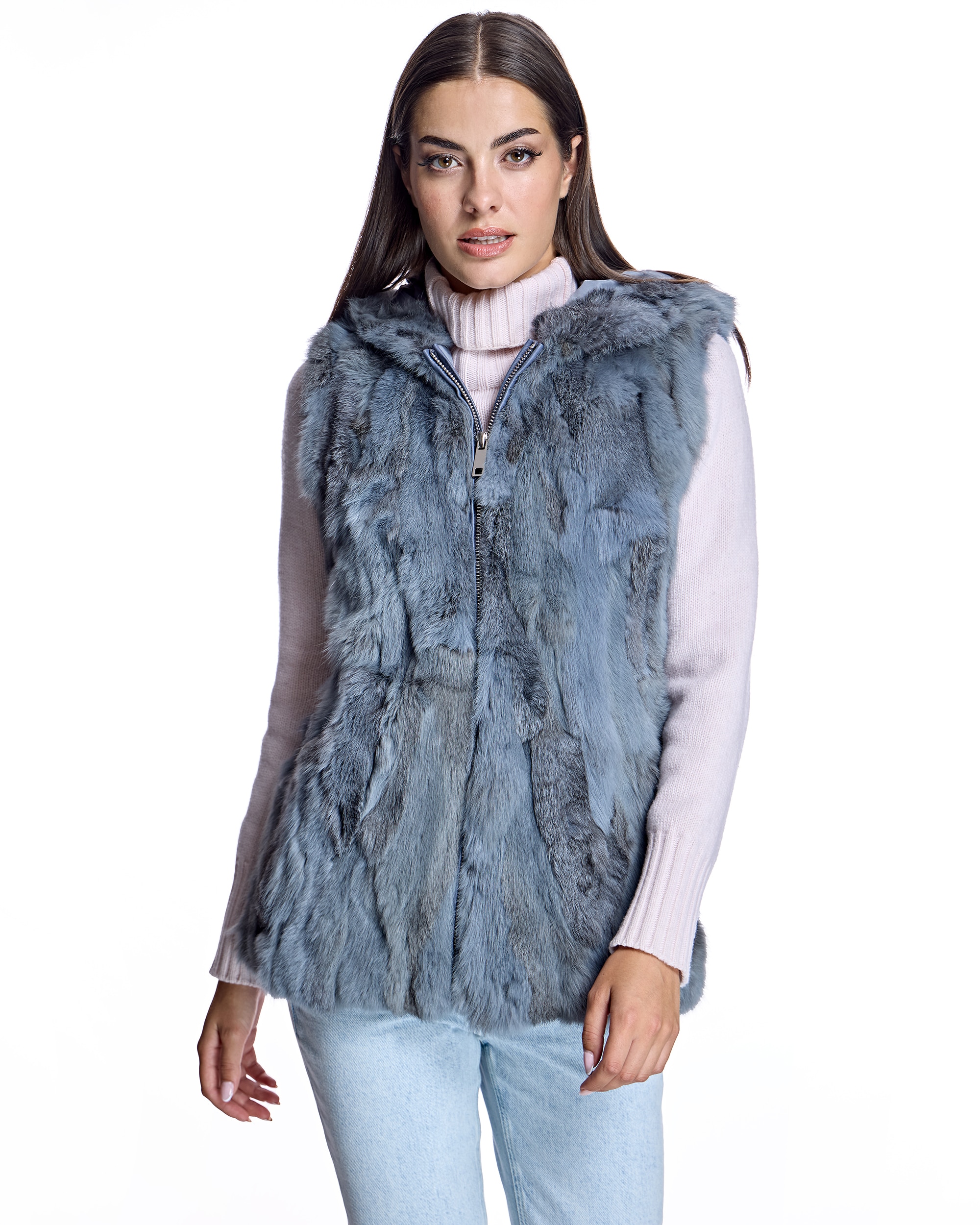Chaleco de pelo de mujer de conejo con cremallera - Maximilian - Azul claro Azul claro-1