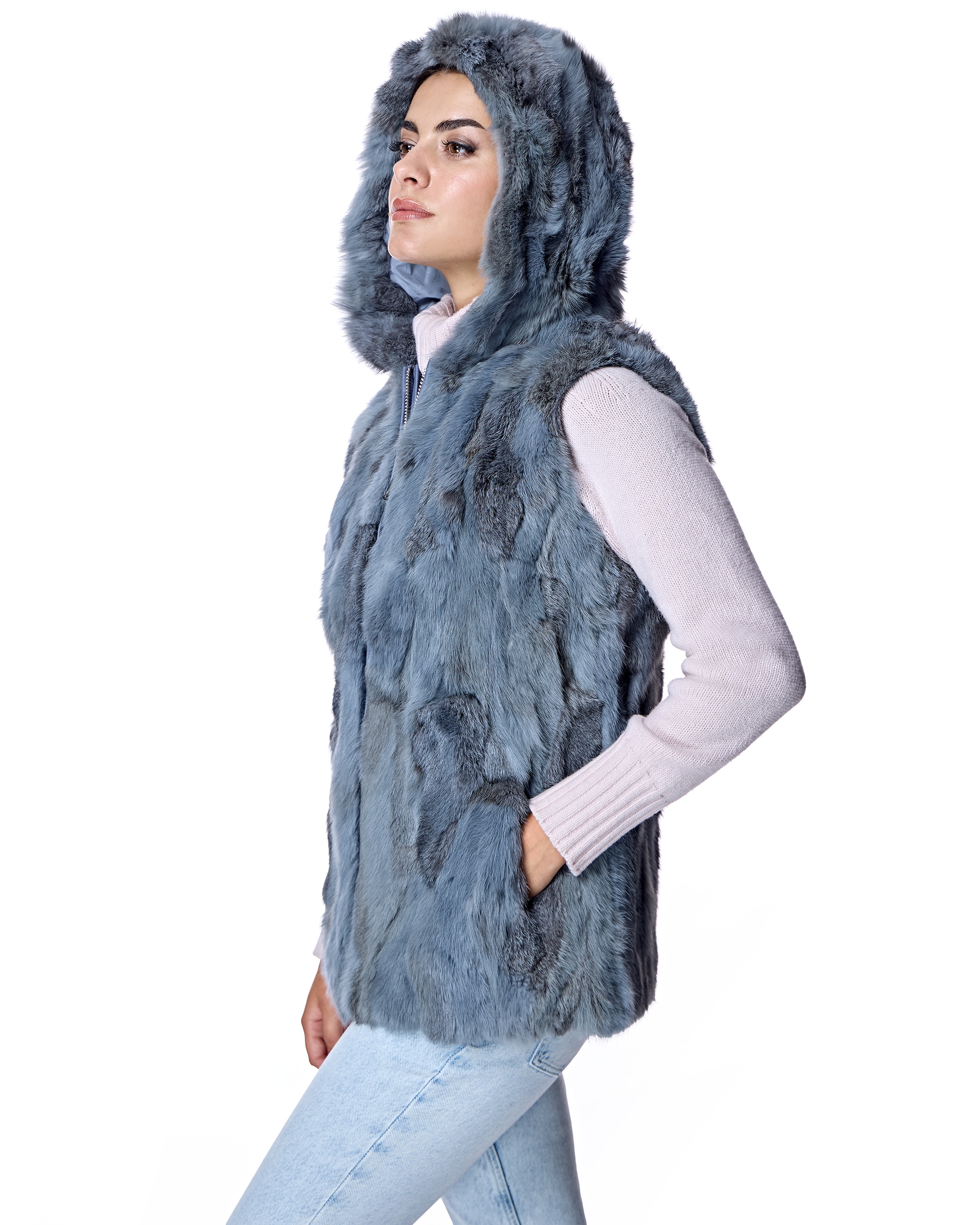 Chaleco de pelo de mujer de conejo con cremallera - Maximilian - Azul claro Azul claro-2