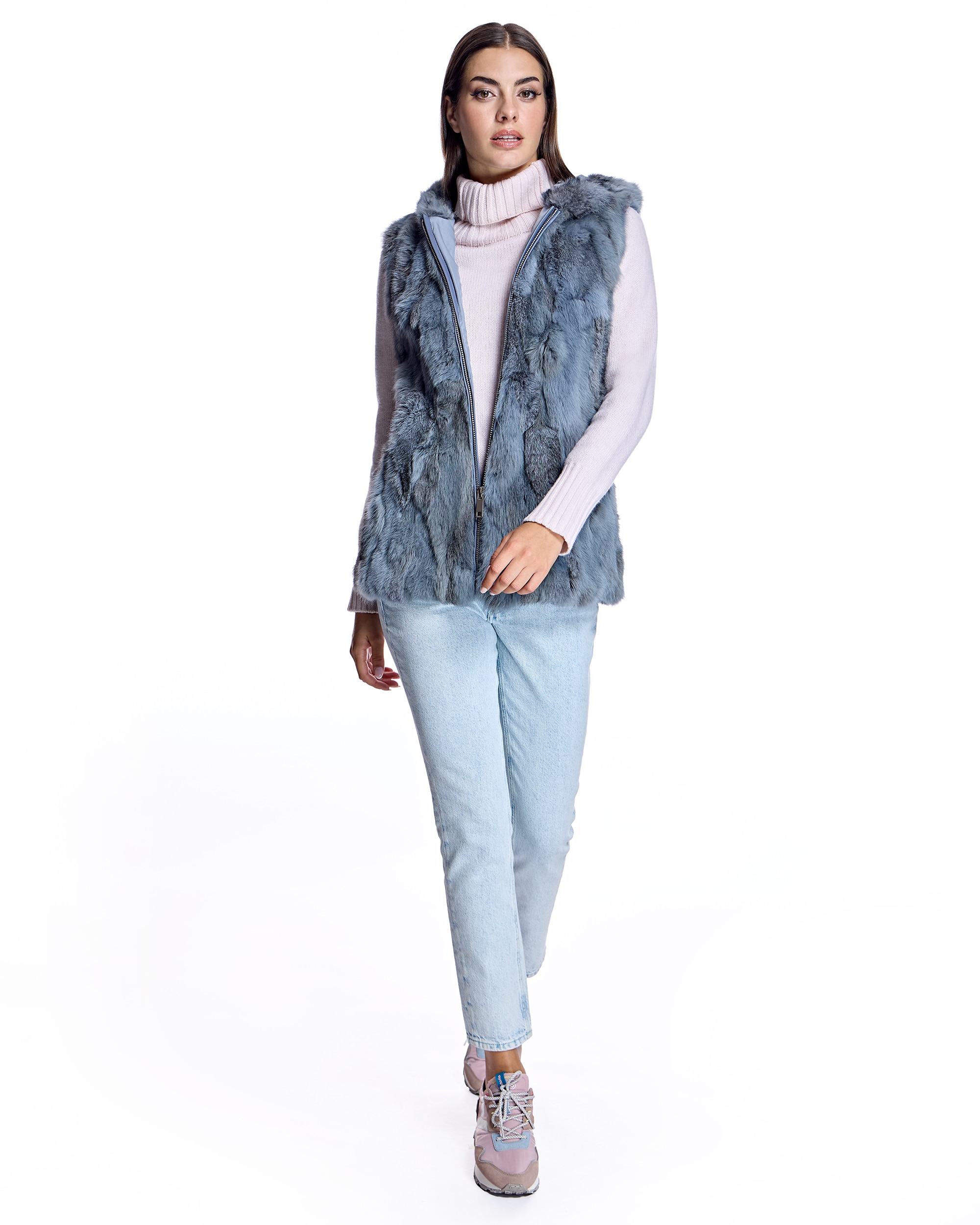 Chaleco de pelo de mujer de conejo con cremallera - Maximilian - Azul claro Azul claro-4