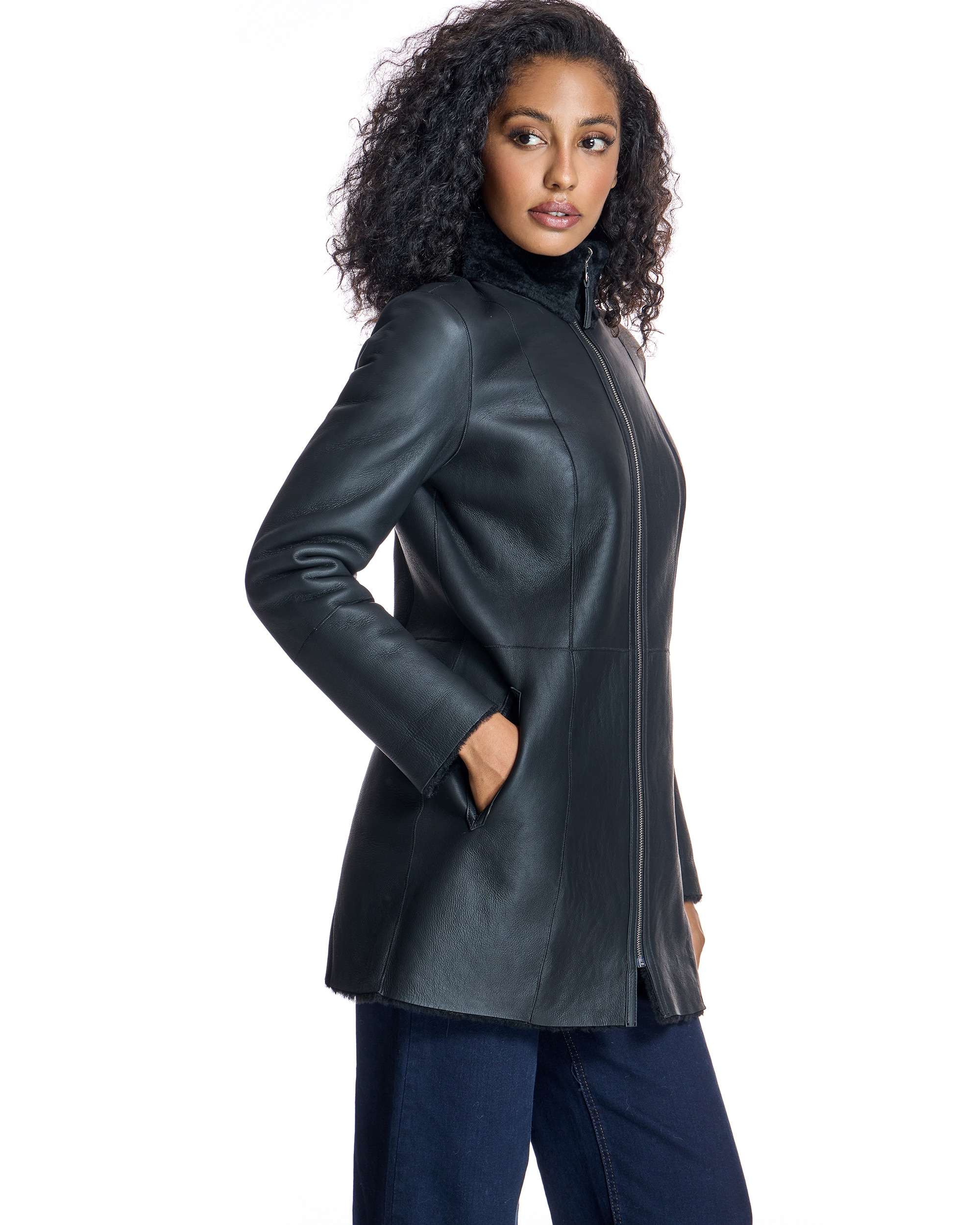 Abrigo de mujer de pelo reversible de cordero con cremallera - Maximilian - Negro Negro-2