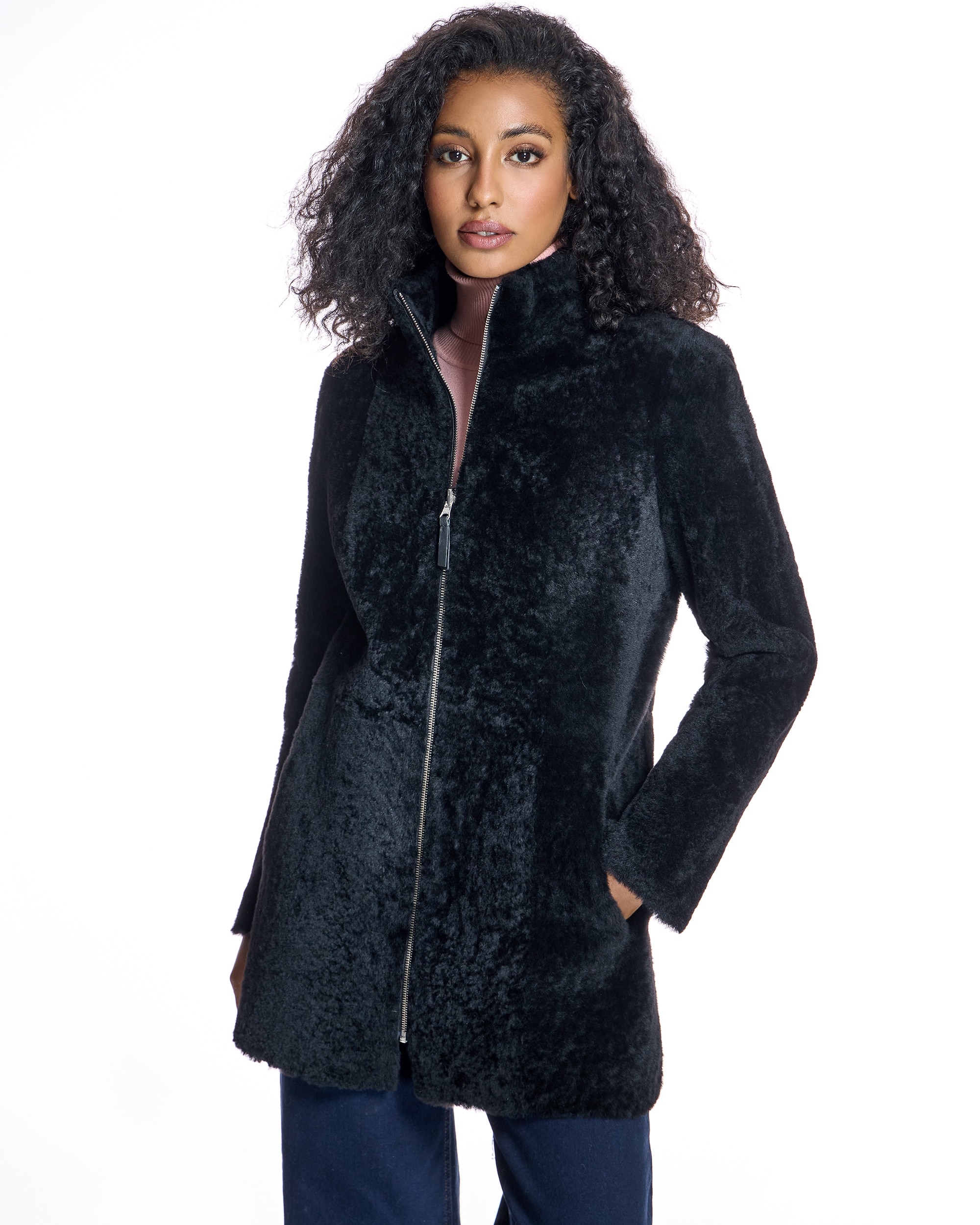 Abrigo de mujer de pelo reversible de cordero con cremallera - Maximilian - Negro Negro-6