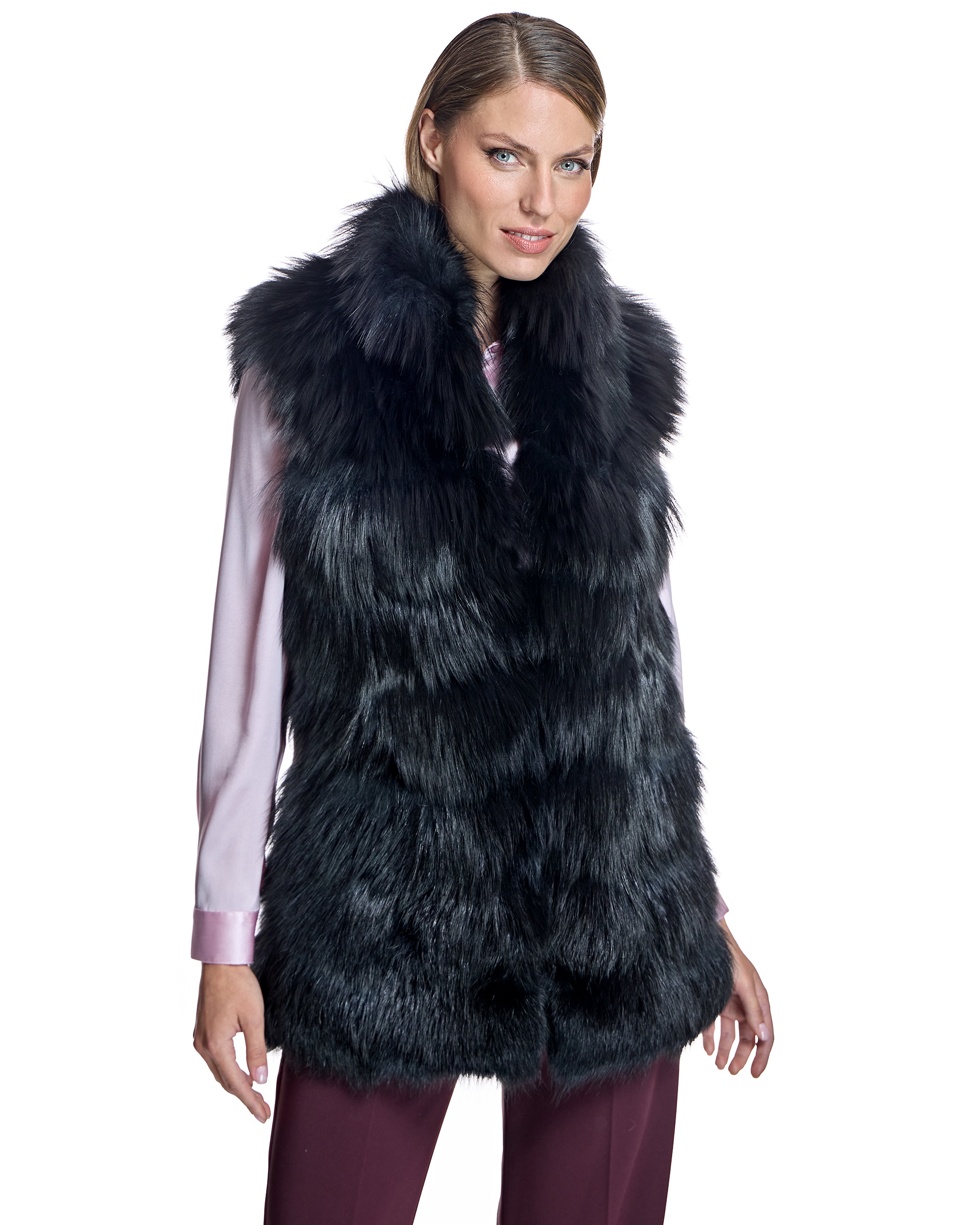 Chaleco de mujer de pelo de zorro en horizontal con cuello alto - Maximilian - Negro Negro-1