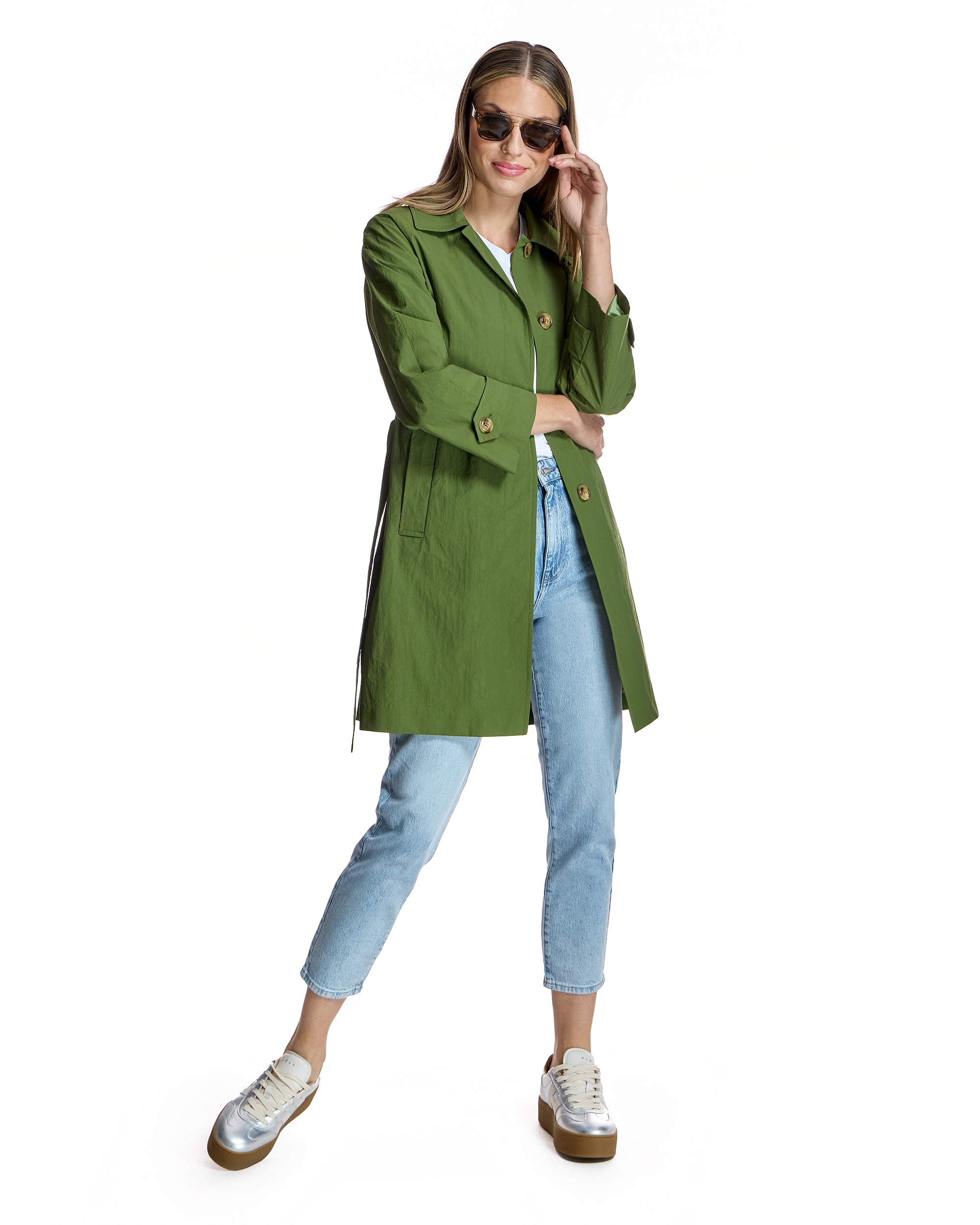 Trench midi de mujer con cuello camisero y cinturón - Maximilian - Verde Oliva Verde Oliva-4