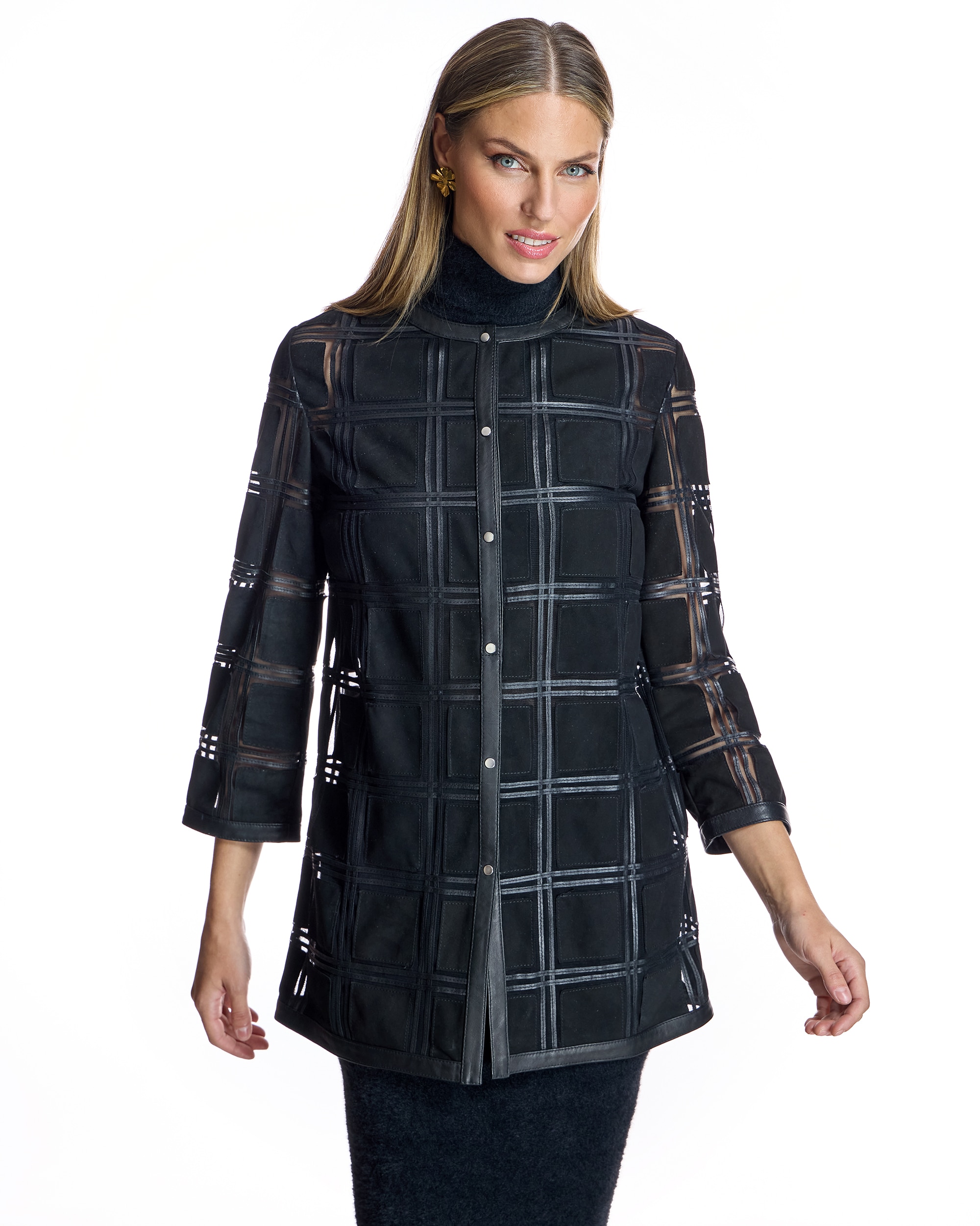 Sobrecamisa de mujer con transparencias de ante y cuero - Maximilian - Negro Negro-1