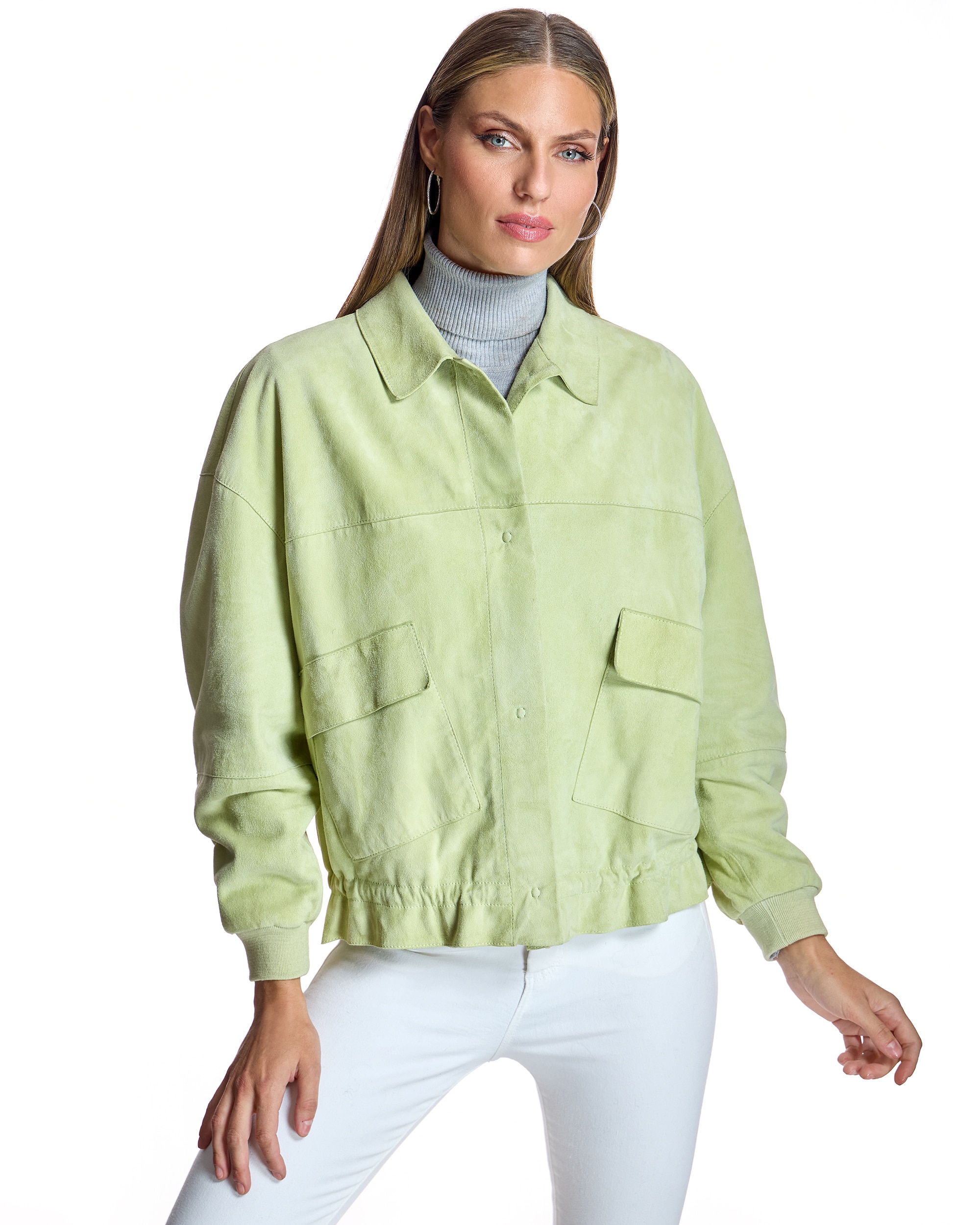 Cazadora de mujer de ante con cuello camisero y bolsillos solapa - Maximilian - Verde claro Verde claro-1