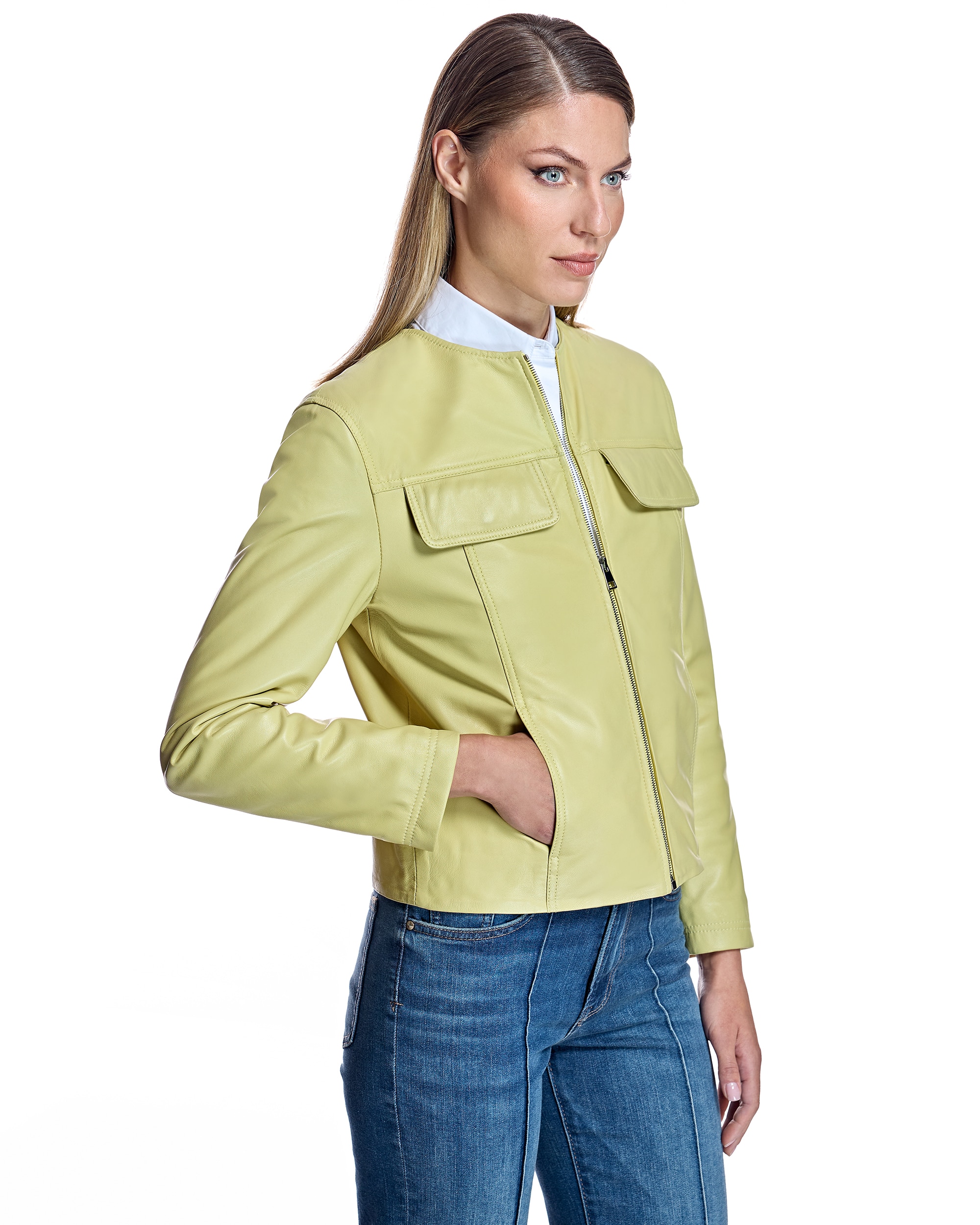 Cazadora de mujer de piel con bolsillos solapa - Maximilian - Amarillo Amarillo-2
