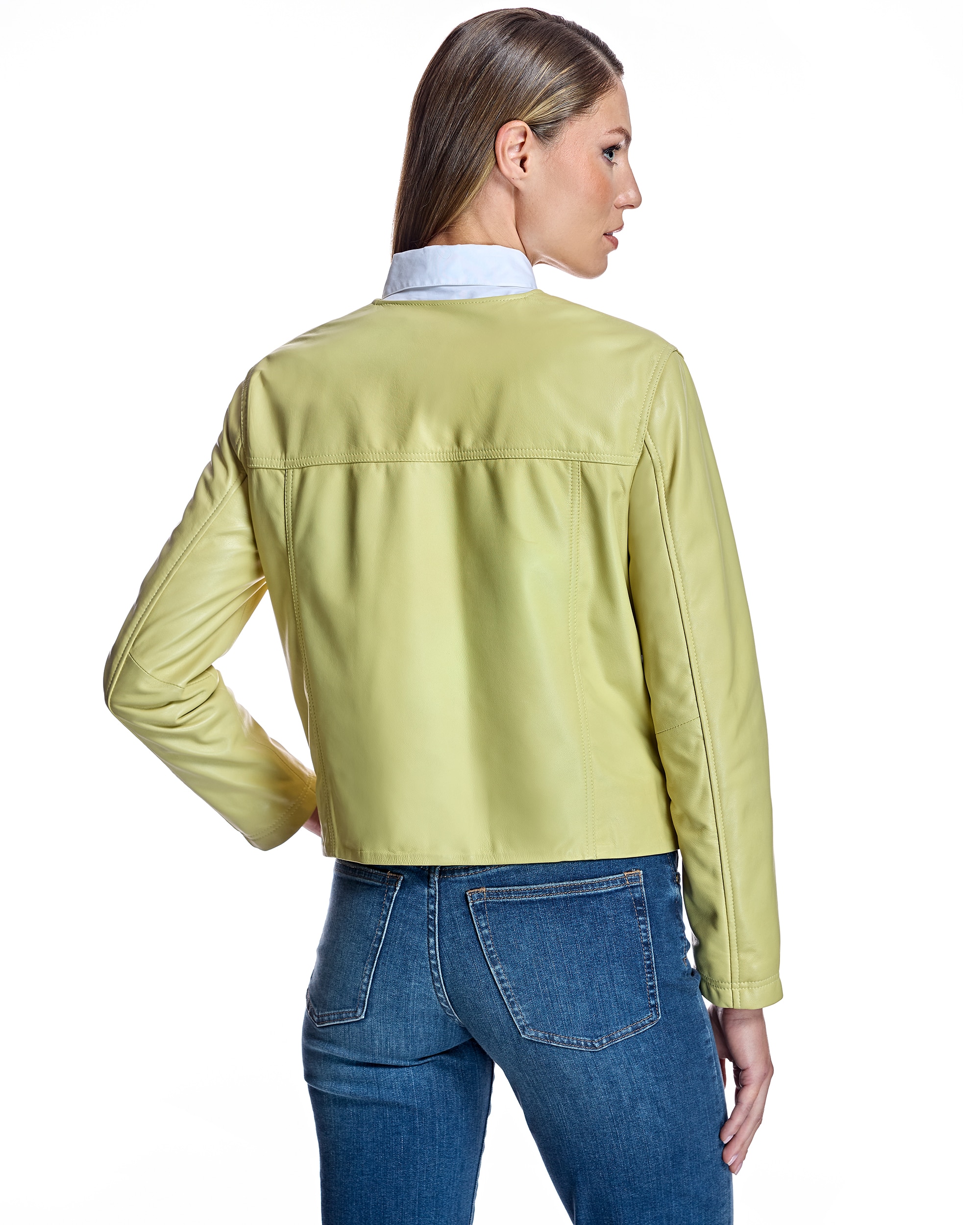 Cazadora de mujer de piel con bolsillos solapa - Maximilian - Amarillo Amarillo-3