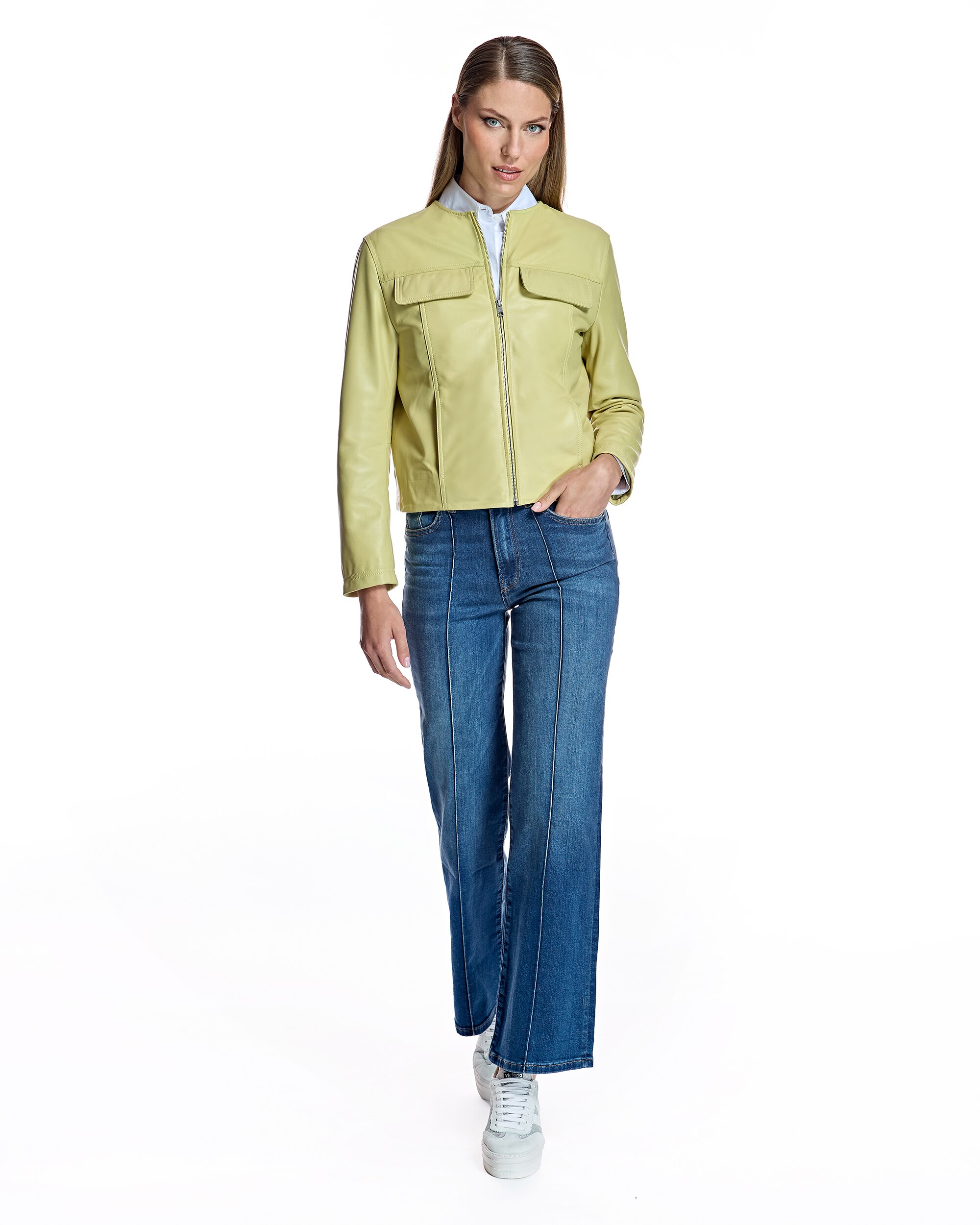 Cazadora de mujer de piel con bolsillos solapa - Maximilian - Amarillo Amarillo-4