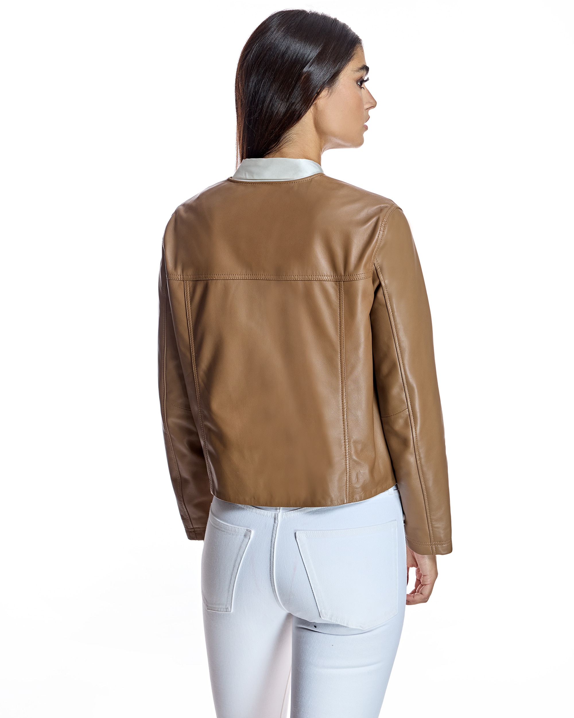 Cazadora de mujer de piel con bolsillos solapa - Maximilian - Marrón Marrón-3