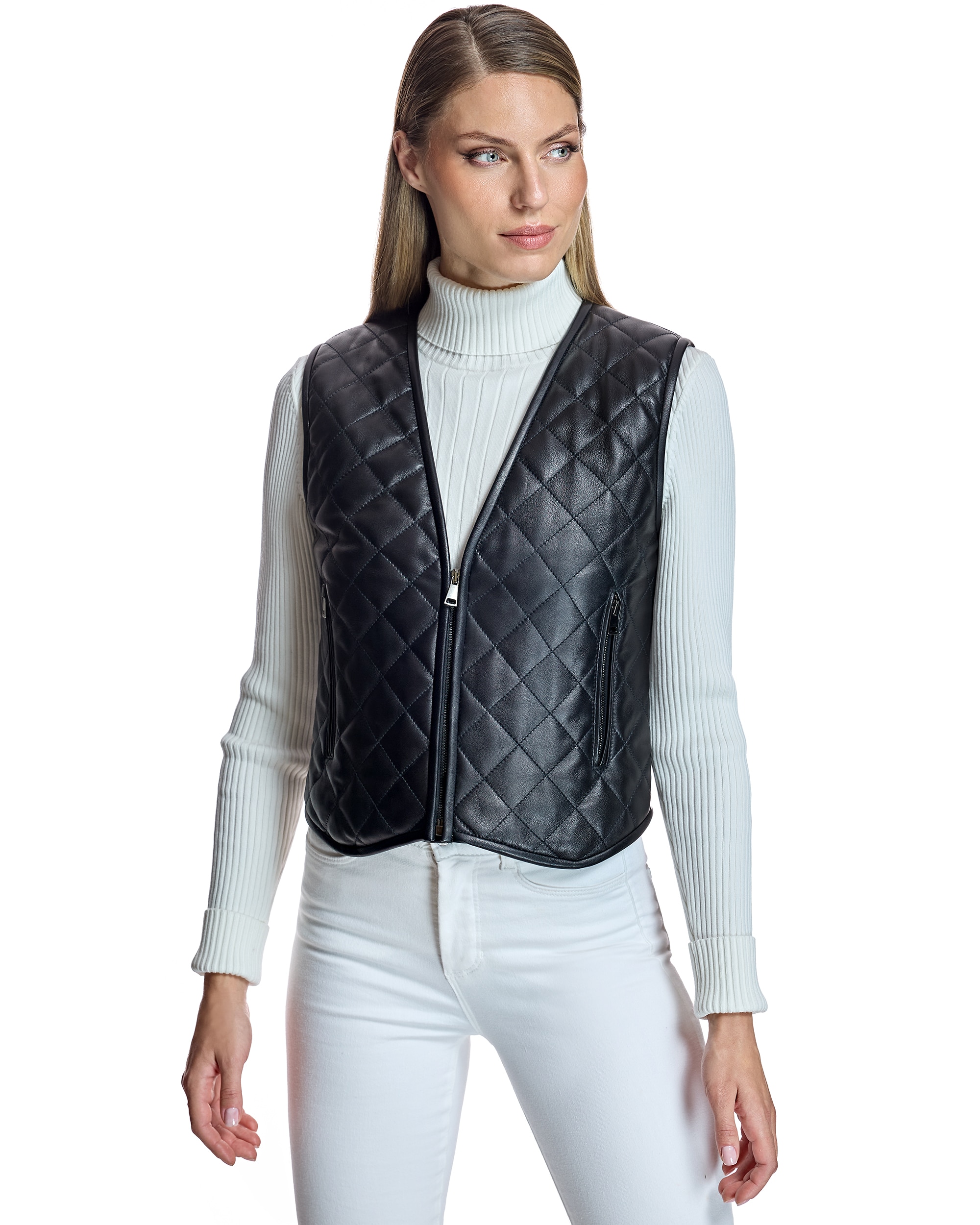 Chaleco de mujer de piel con efecto acolchado - Maximilian - Negro Negro-1