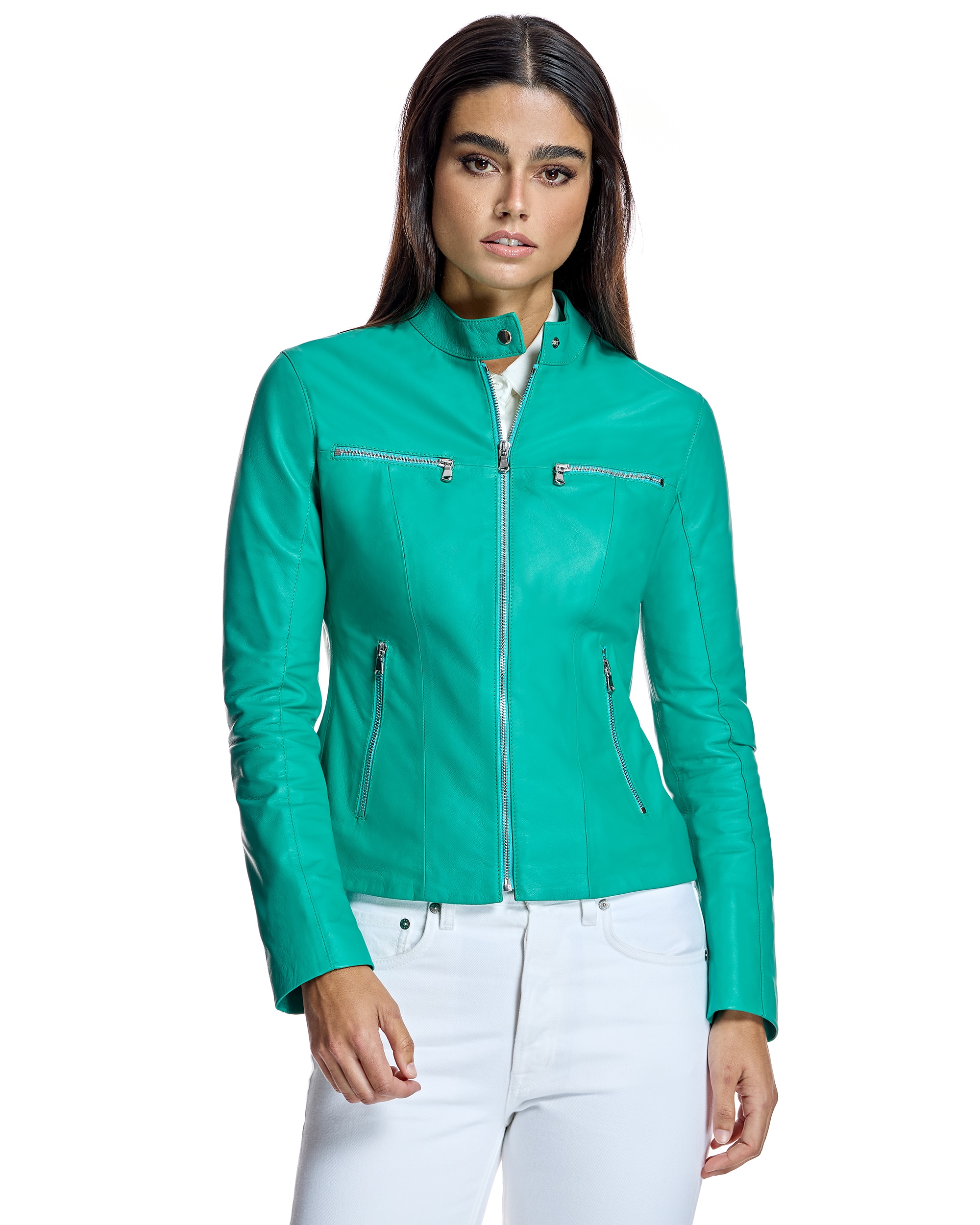 Imagen 1 de Cazadora de mujer de piel con cuello tira y cremalleras - Maximilian - Verde Agua Verde Agua