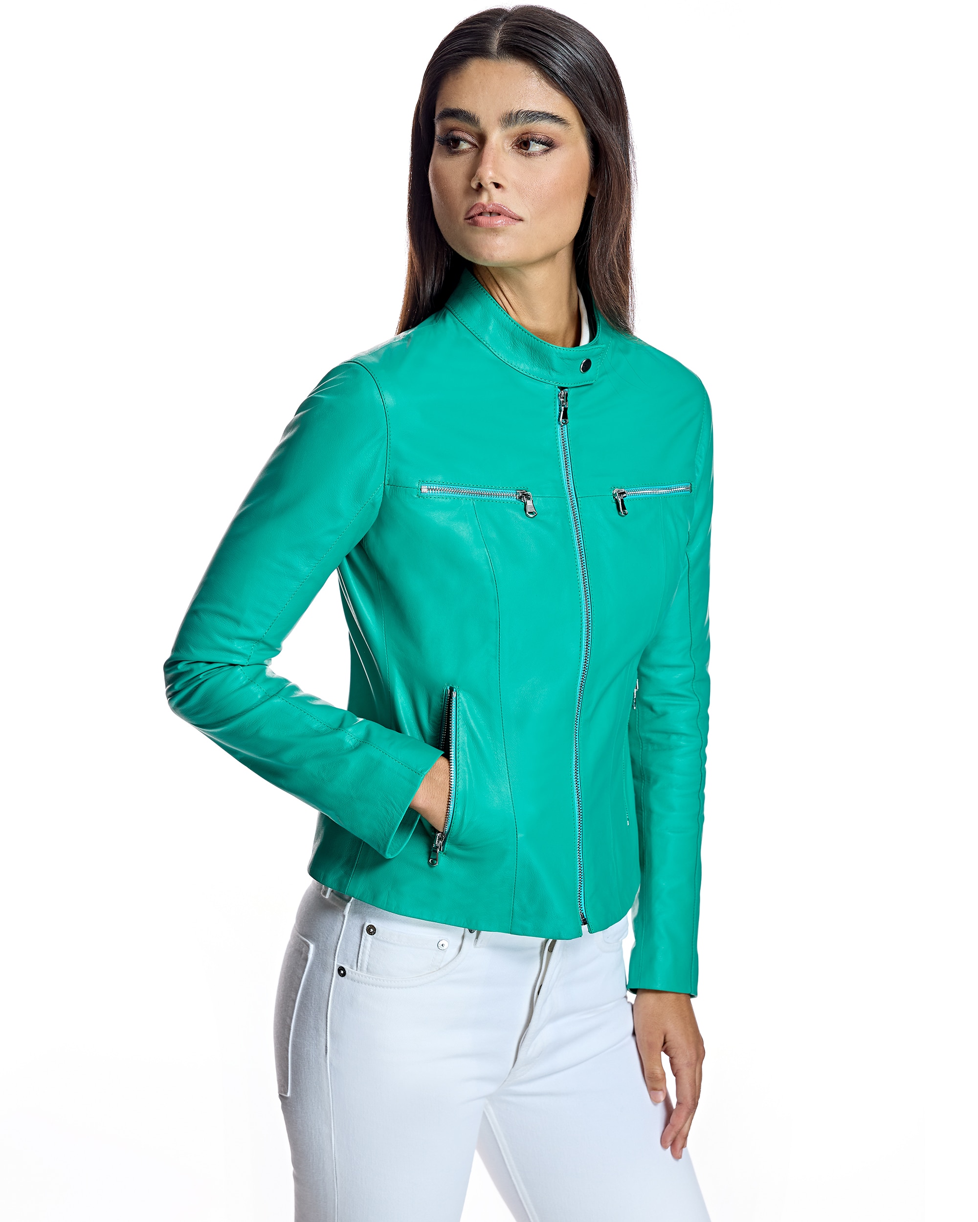 Imagen 2 de Cazadora de mujer de piel con cuello tira y cremalleras - Maximilian - Verde Agua Verde Agua