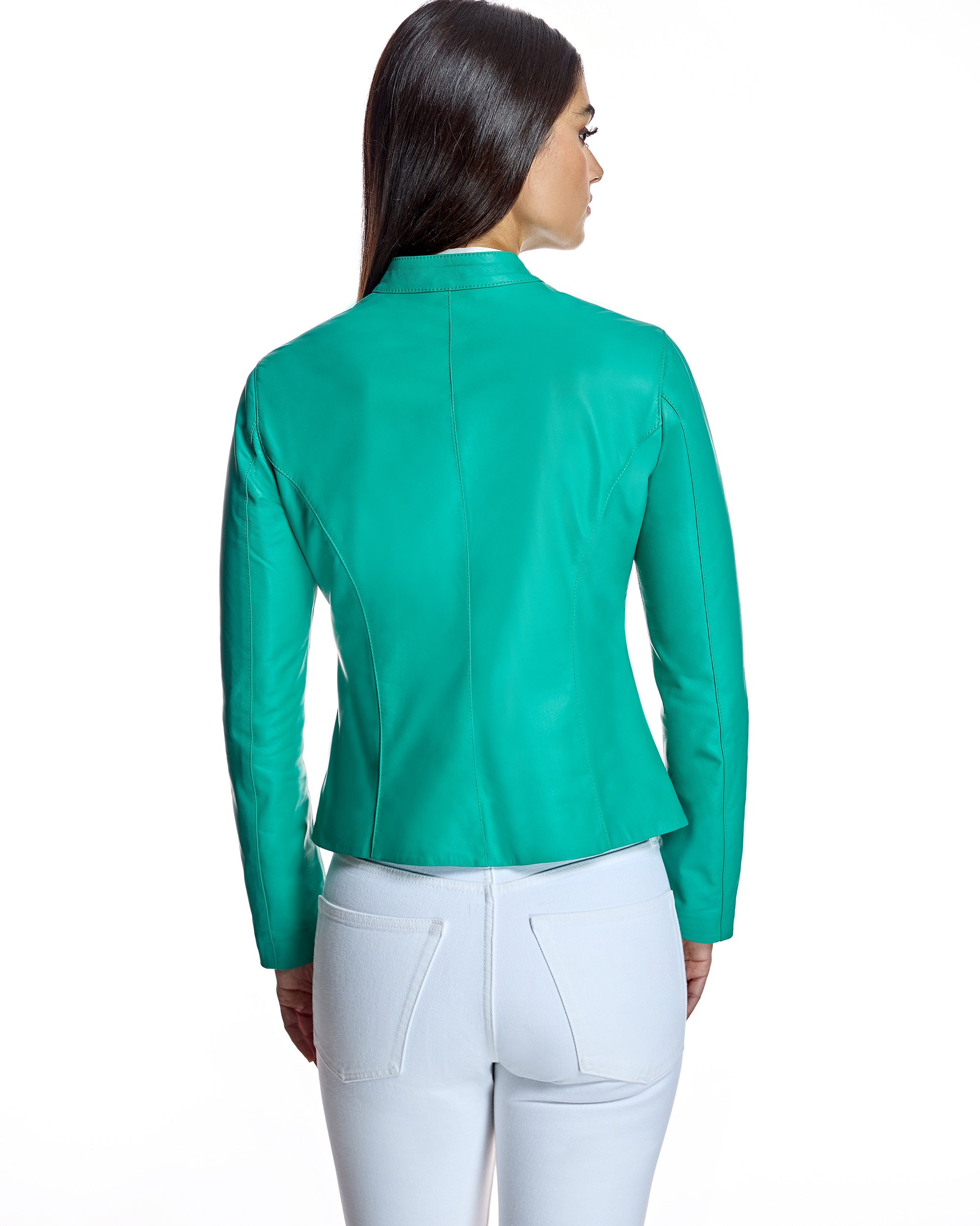 Imagen 3 de Cazadora de mujer de piel con cuello tira y cremalleras - Maximilian - Verde Agua Verde Agua
