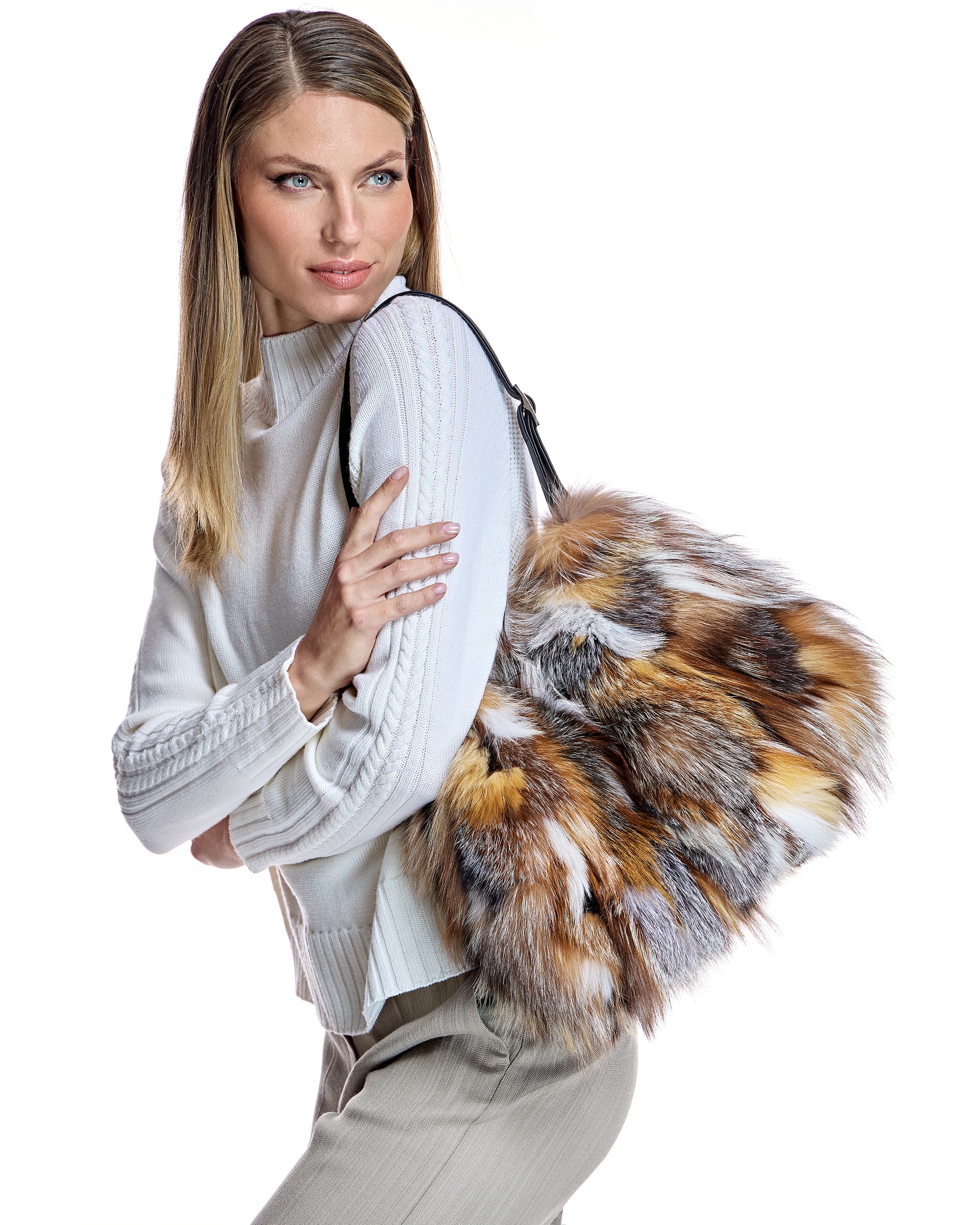Bolso de hombro de pelo de zorro - Maximilian - Beige/Marrón Beige/Marrón-3