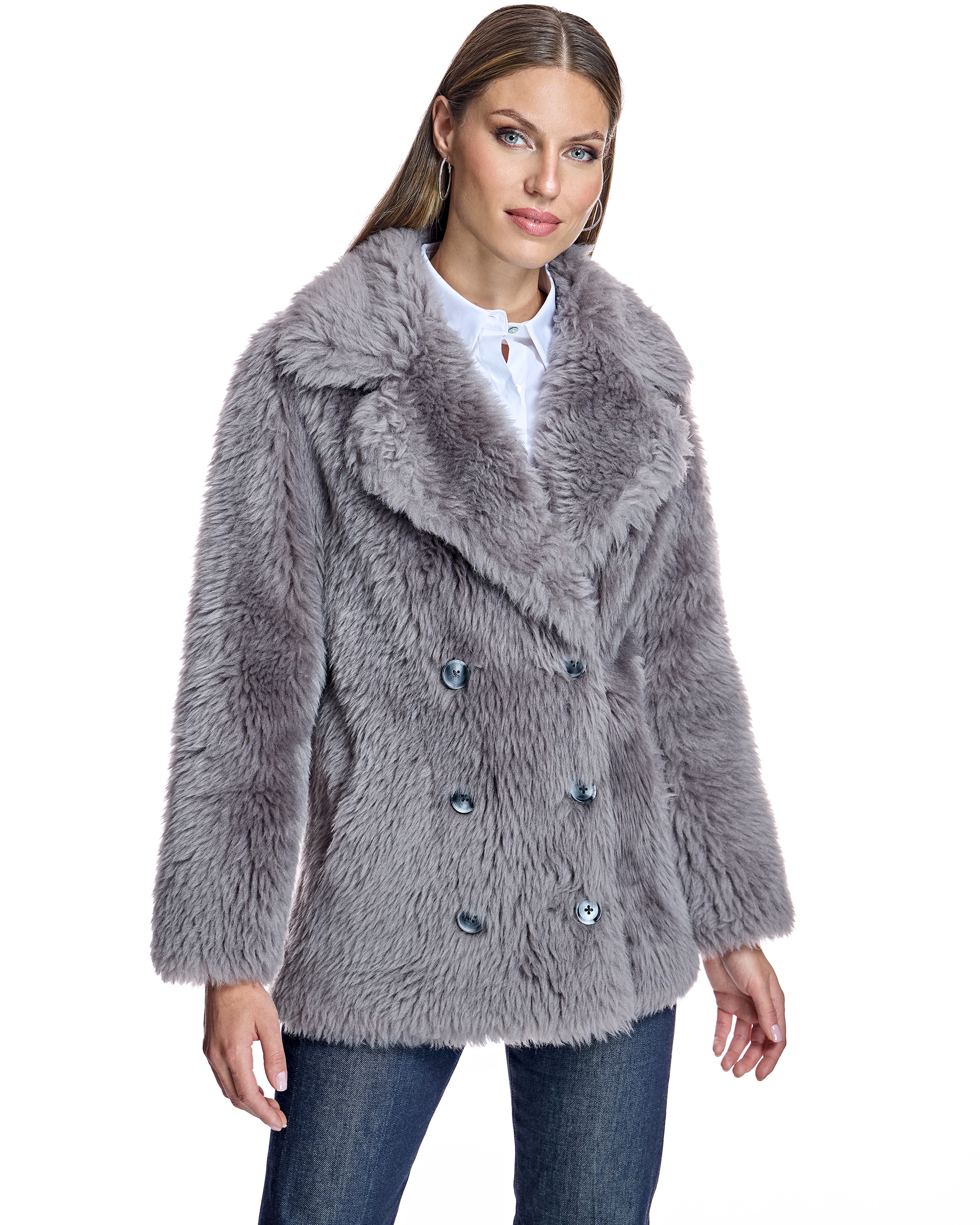 Chaqueta de mujer de lana de cordero con cuello solapa y doble botonadura - Maximilian - Gris Gris-1