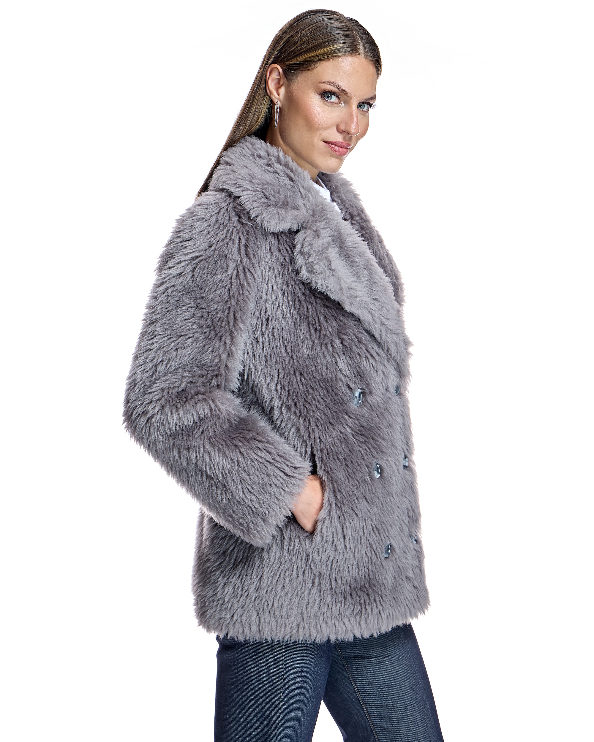 Chaqueta de mujer de lana de cordero con cuello solapa y doble botonadura - Maximilian - Gris Gris-2