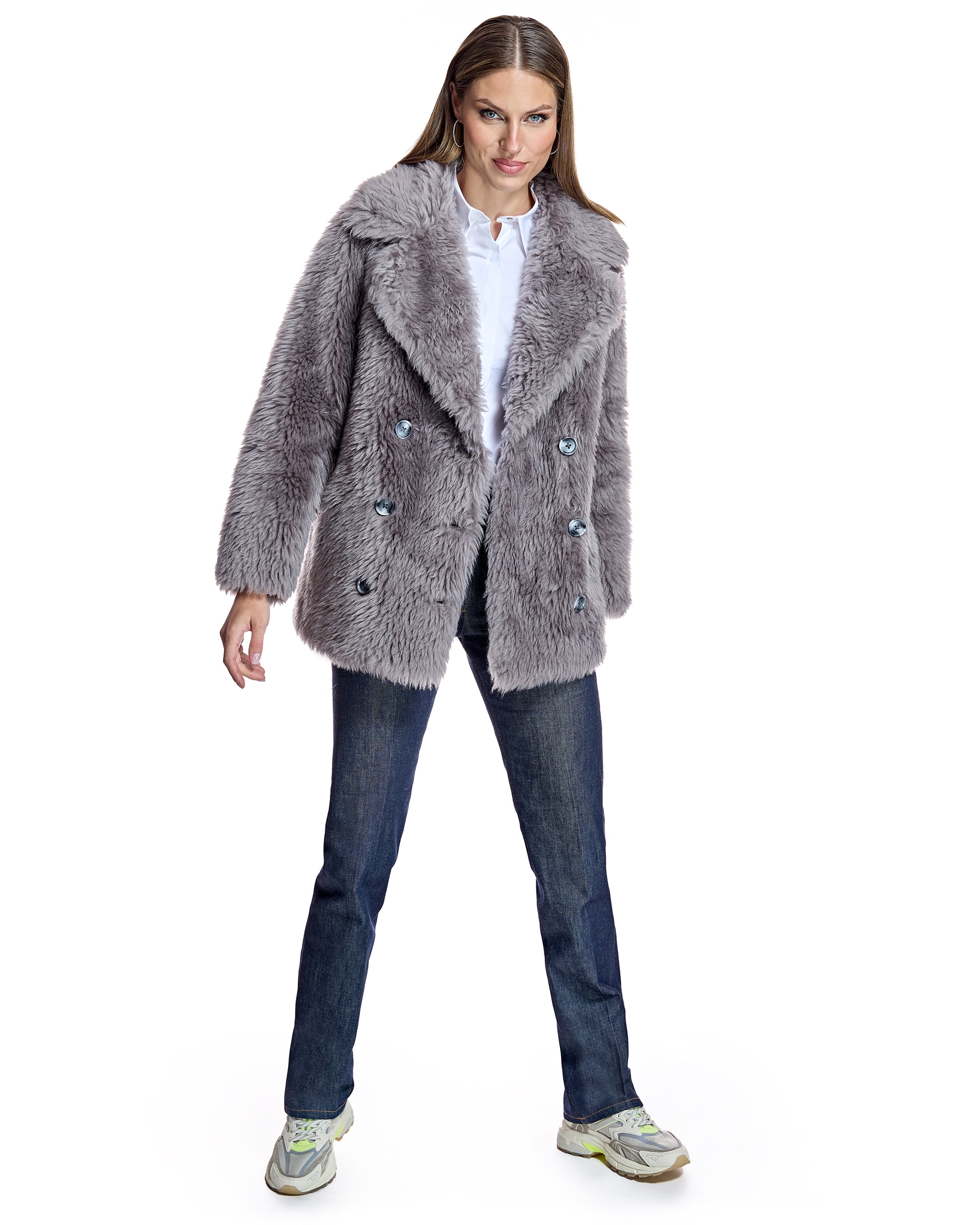 Chaqueta de mujer de lana de cordero con cuello solapa y doble botonadura - Maximilian - Gris Gris-4
