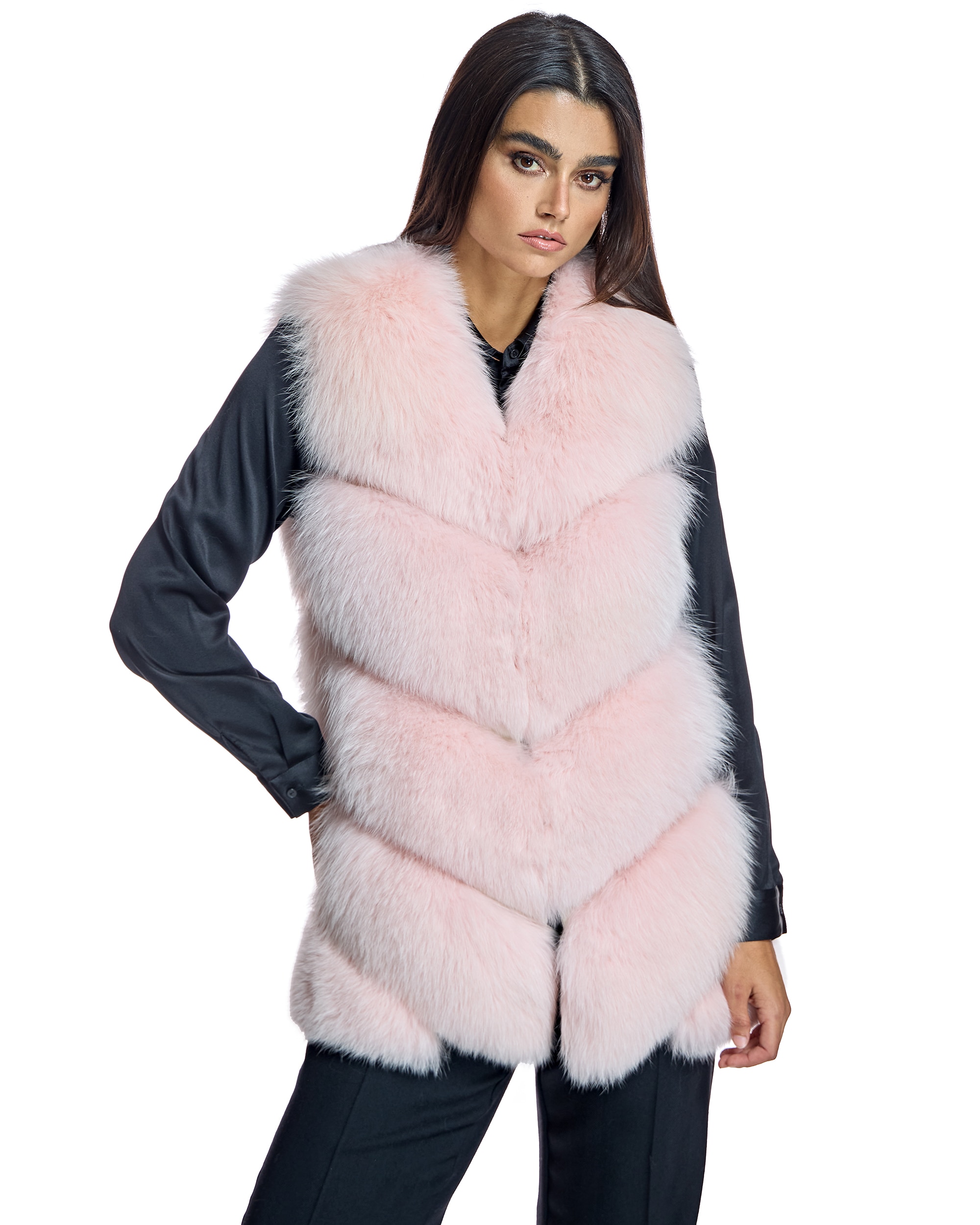 Chaleco de mujer de pelo de zorro en espiga - Maximilian - Rosa claro Rosa claro-1