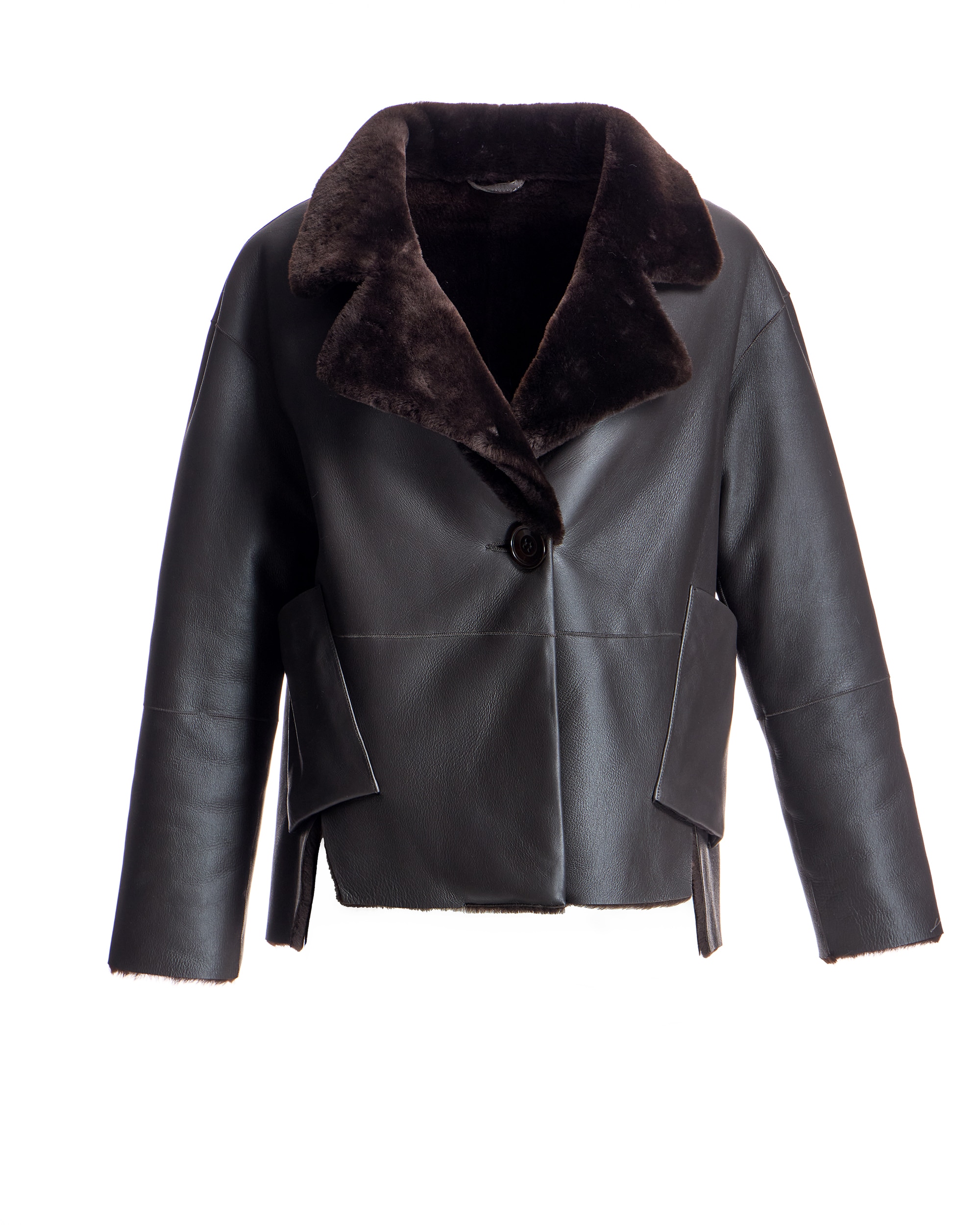 Cazadora de mujer doblefaz de piel de cordero merino con cuello solapa - Maximilian - Marrón oscuro Marrón oscuro-6