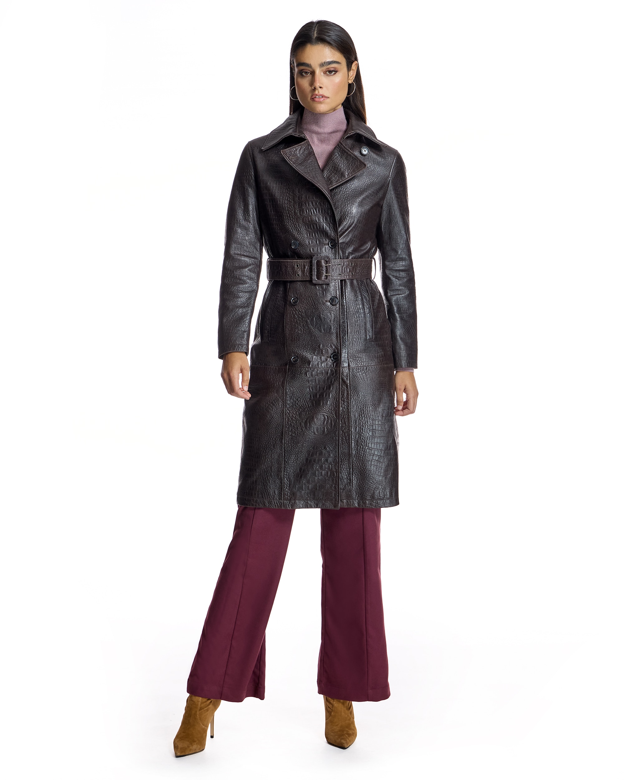 Abrigo de mujer de piel grabada con cuello solapa - Maximilian - Marrón oscuro Marrón oscuro-4