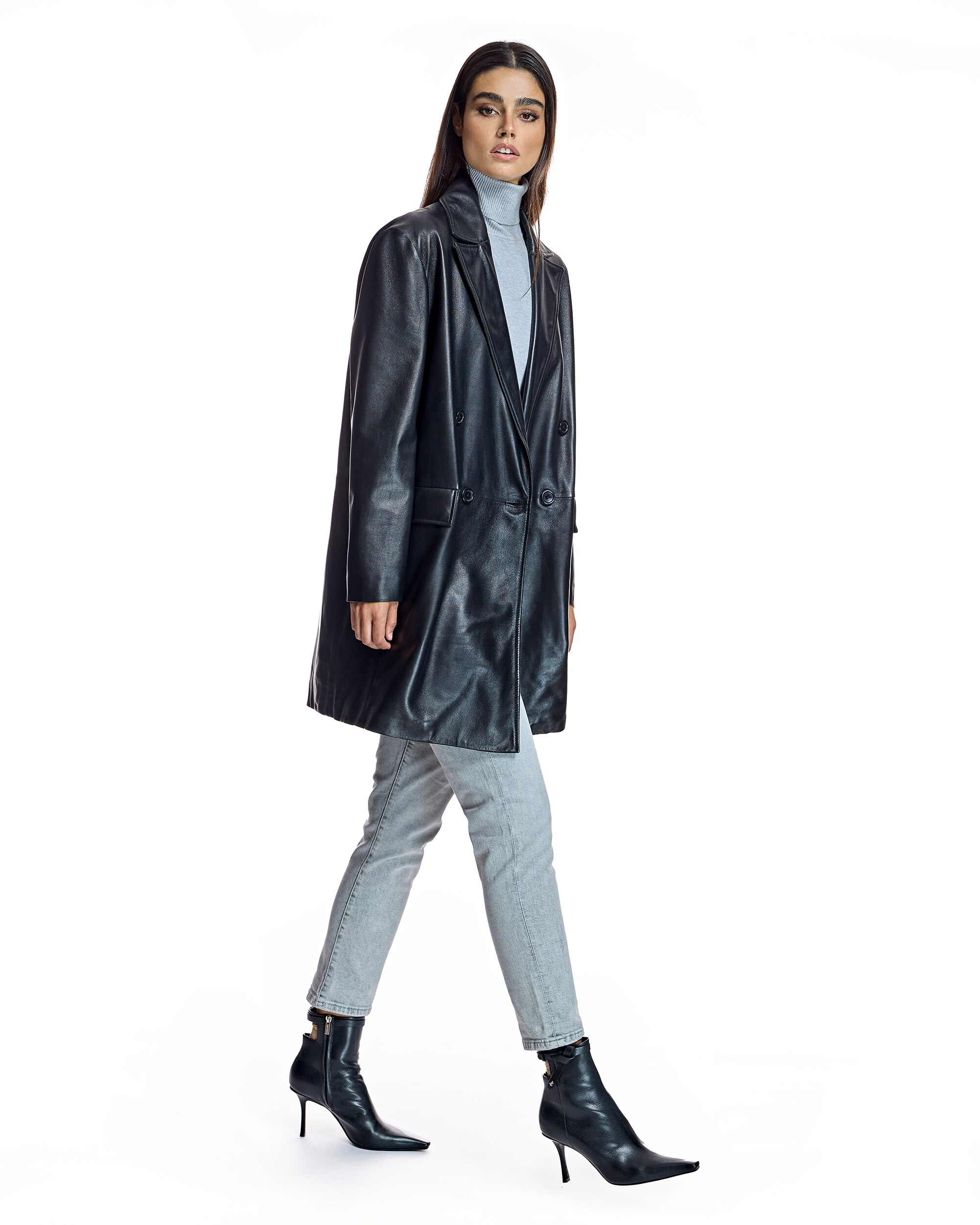 Abrigo de mujer de piel oversize con bolsillos solapa - Maximilian - Negro Negro-4