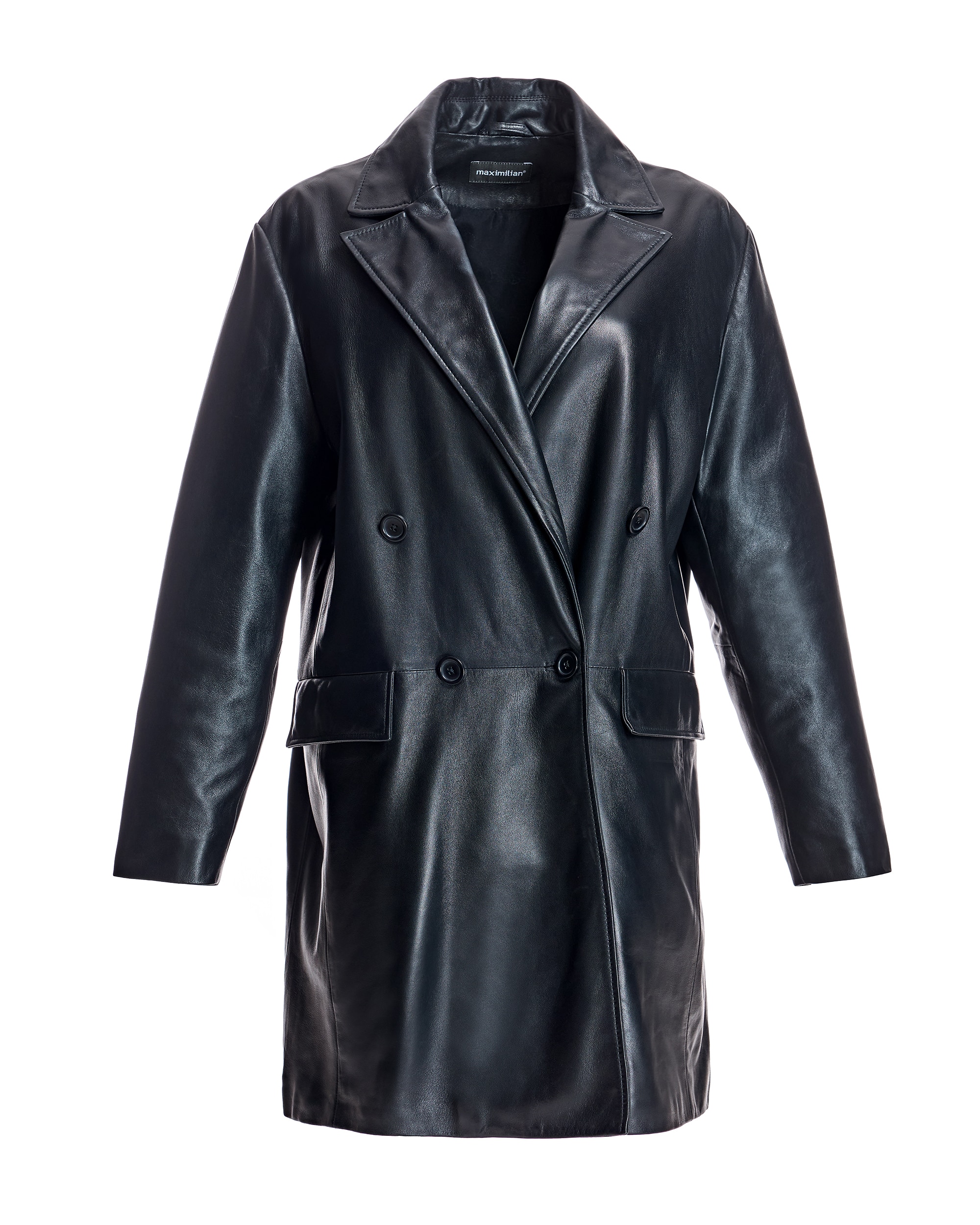 Abrigo de mujer de piel oversize con bolsillos solapa - Maximilian - Negro Negro-6