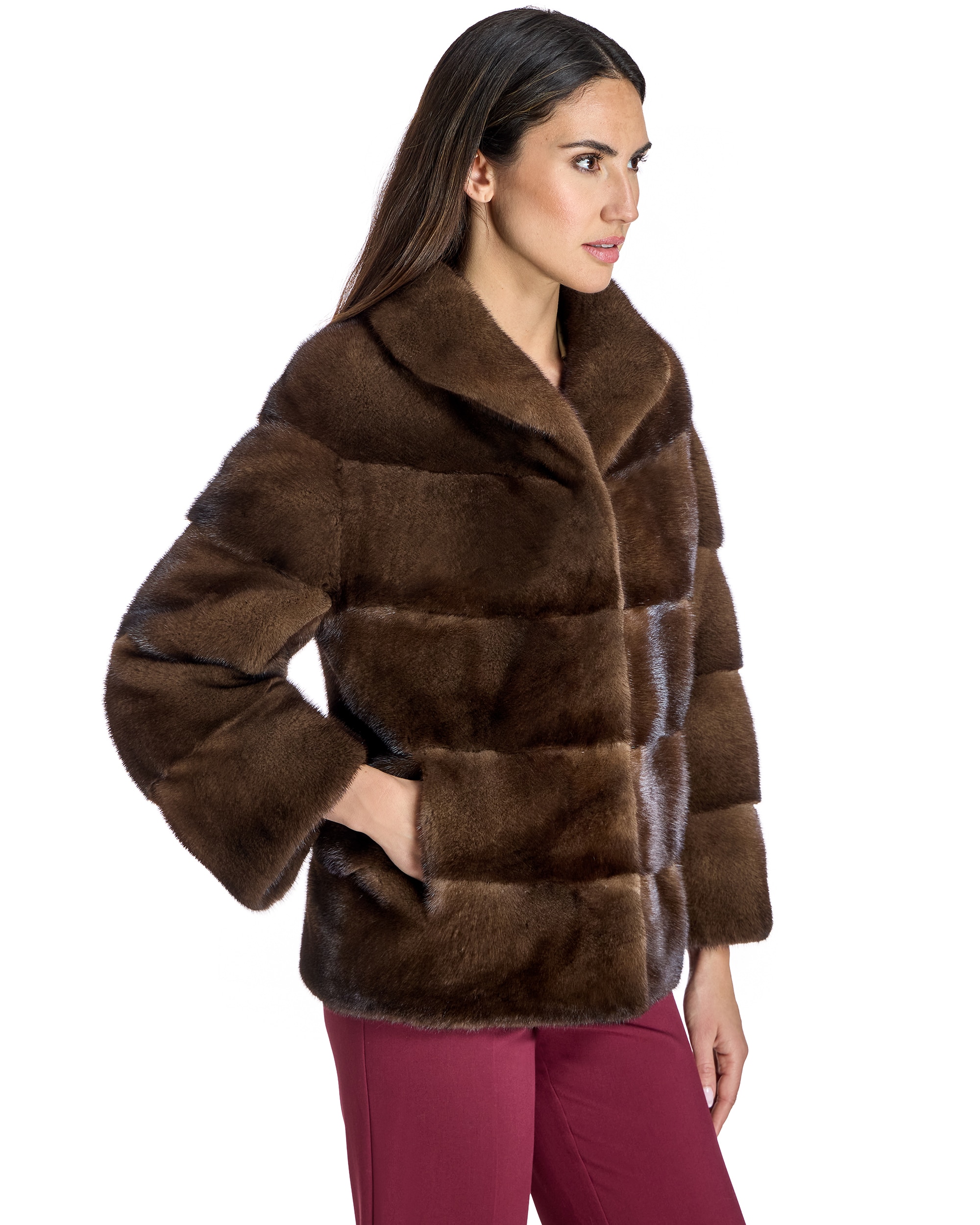 Chaqueta de mujer de pelo de visón en horizontal con cuello camisero - Maximilian - Marrón oscuro Marrón oscuro-2