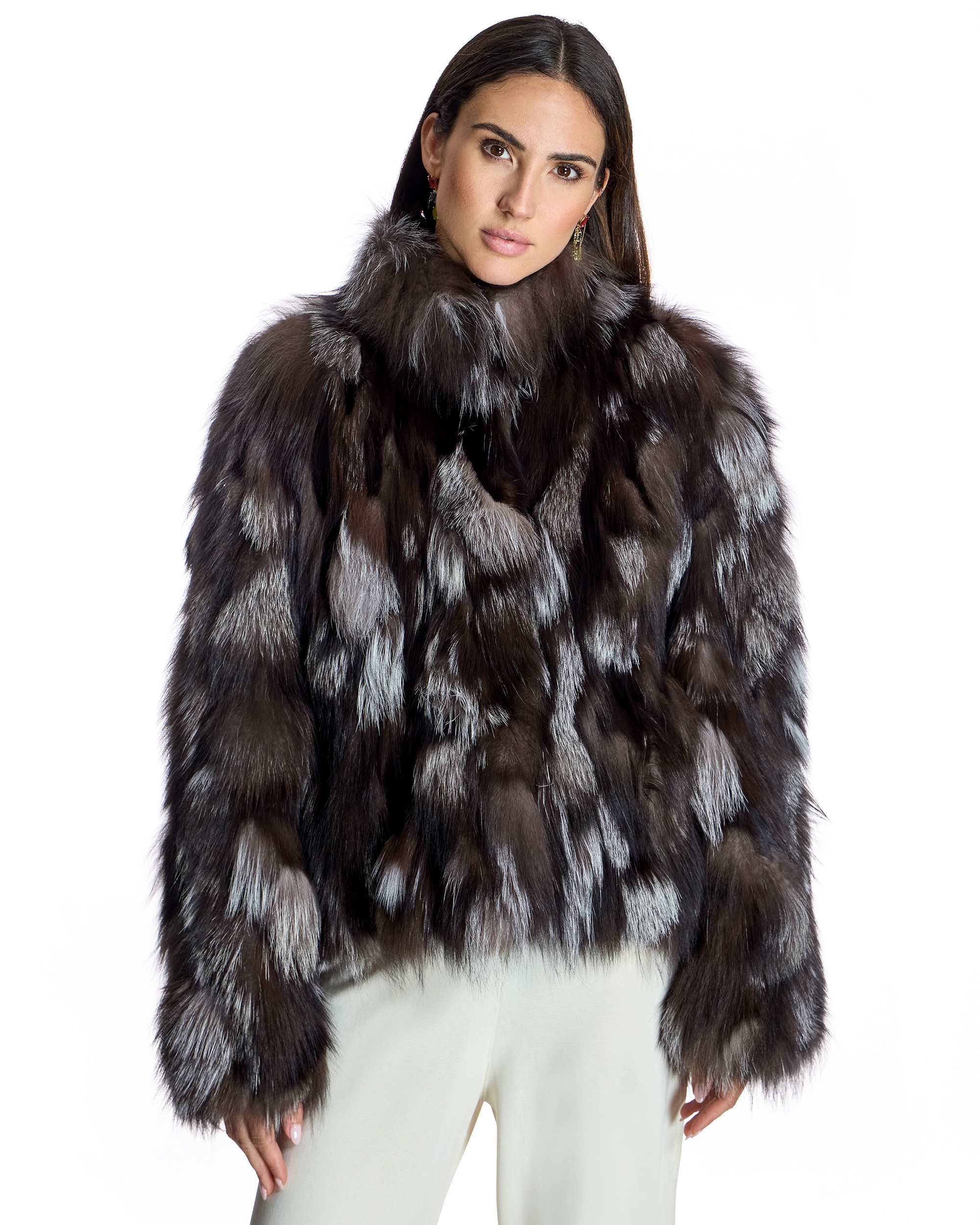 Chaqueta de mujer de pelo de retales de zorro y cuello alto - Maximilian - Gris Gris-1