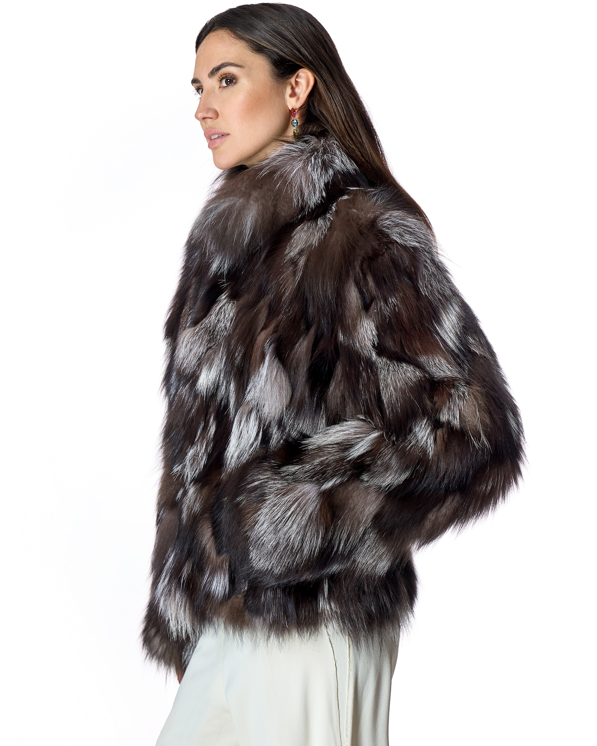 Chaqueta de mujer de pelo de retales de zorro y cuello alto - Maximilian - Gris Gris-2
