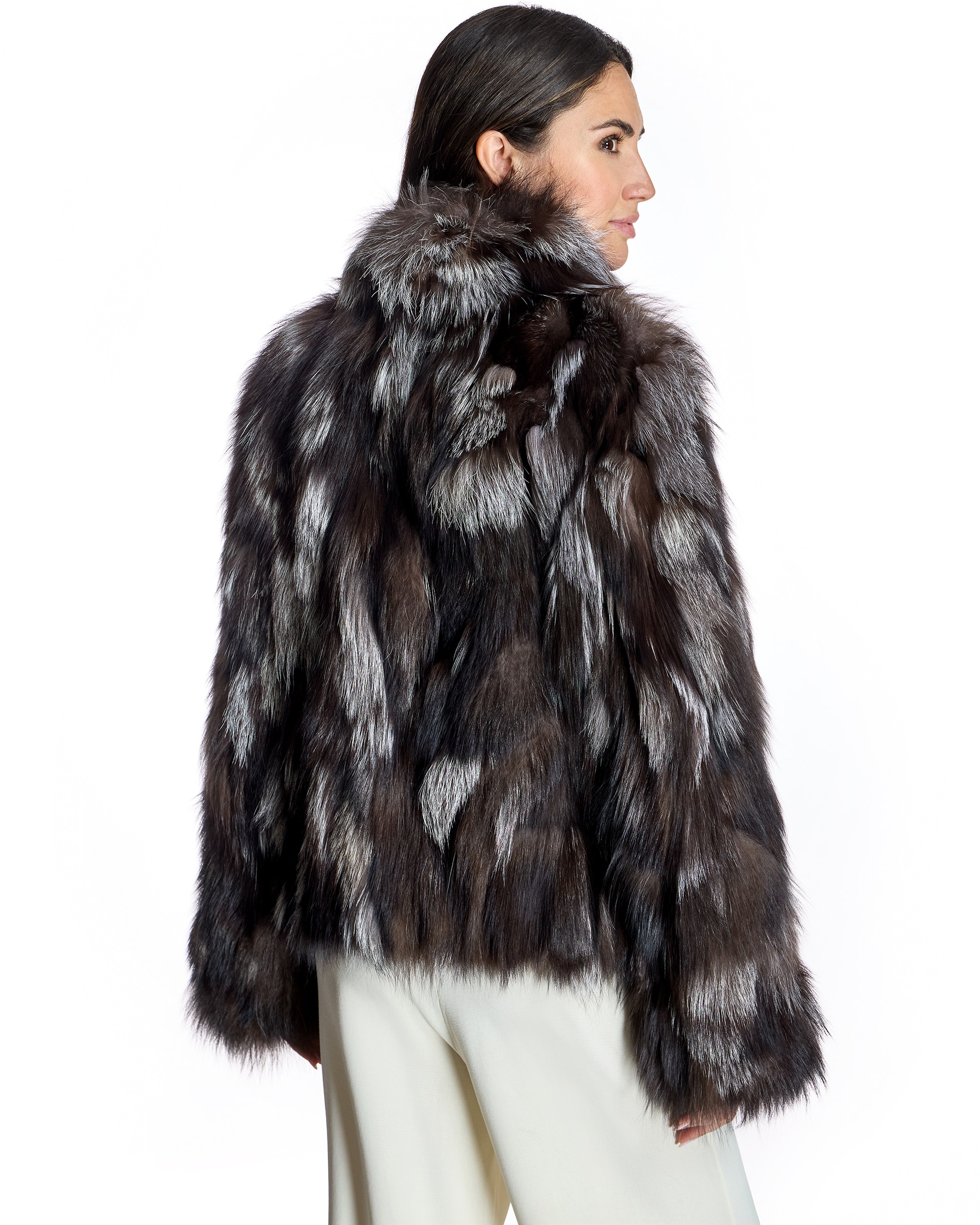 Chaqueta de mujer de pelo de retales de zorro y cuello alto - Maximilian - Gris Gris-3