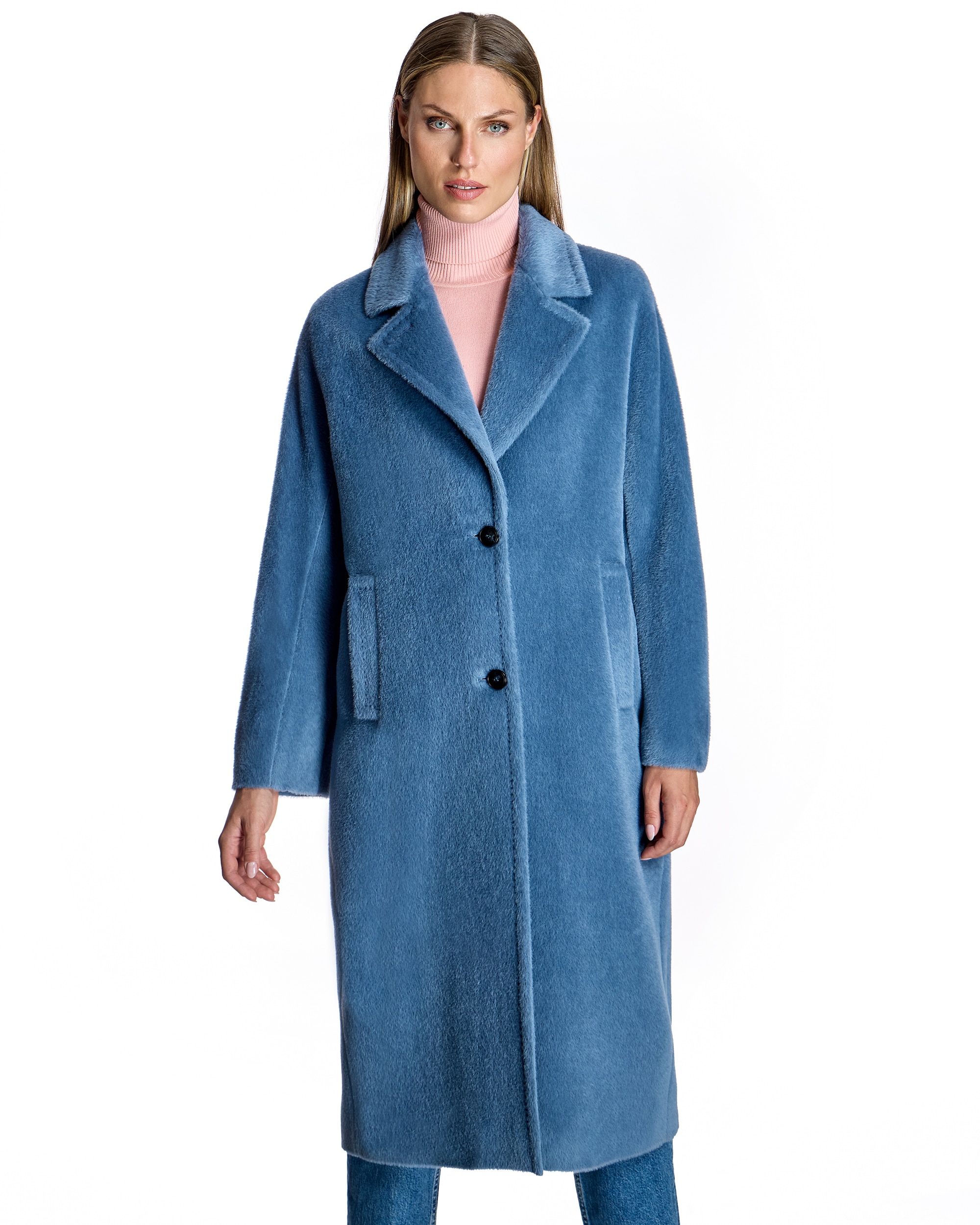 Abrigo de mujer de suri alpaca y lana virgen con cuello solapa - Maximilian - Azul claro Azul claro-1