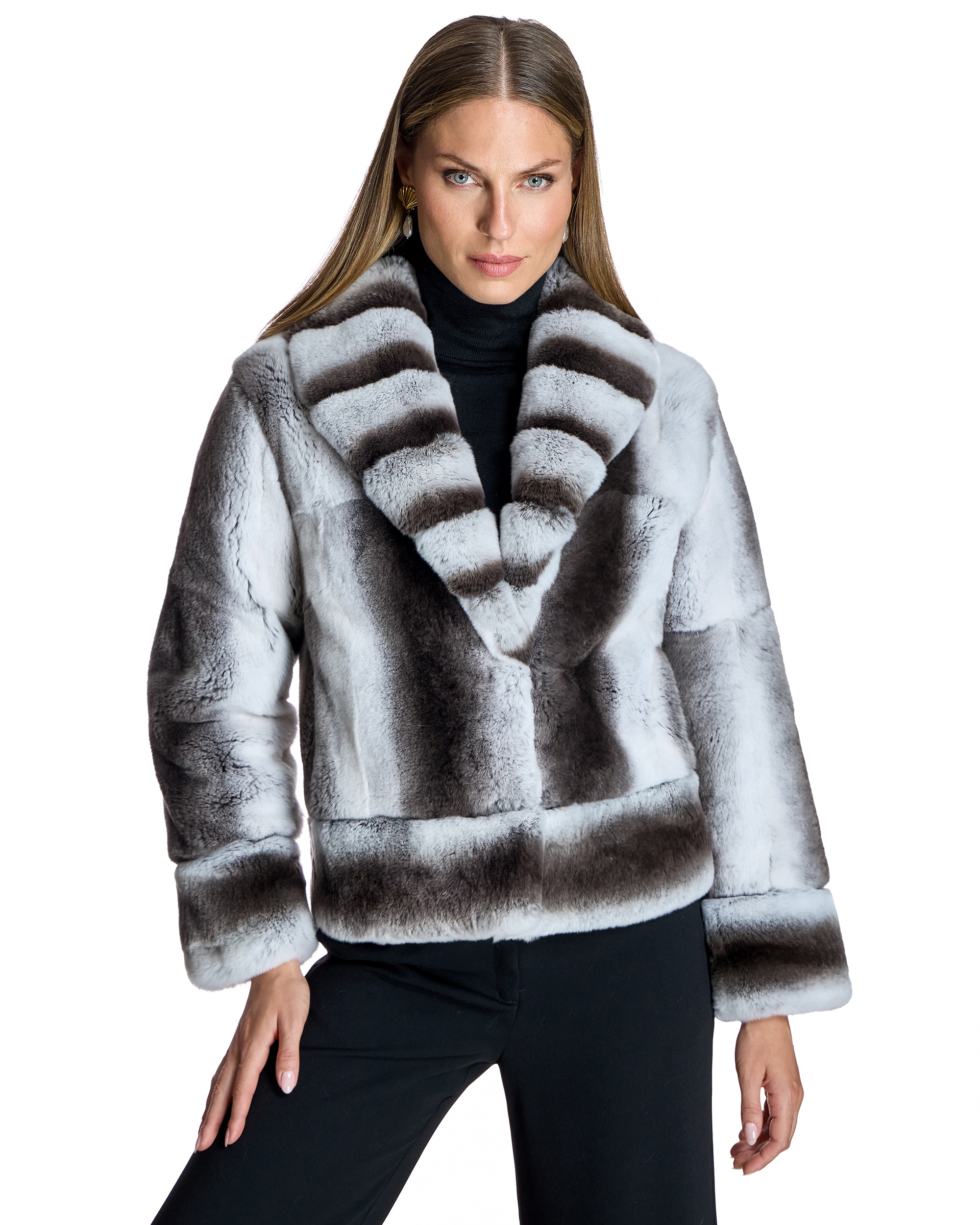 Chaqueta de mujer de pelo rex con cuello chal - Maximilian - Gris / Negro Gris / Negro-1