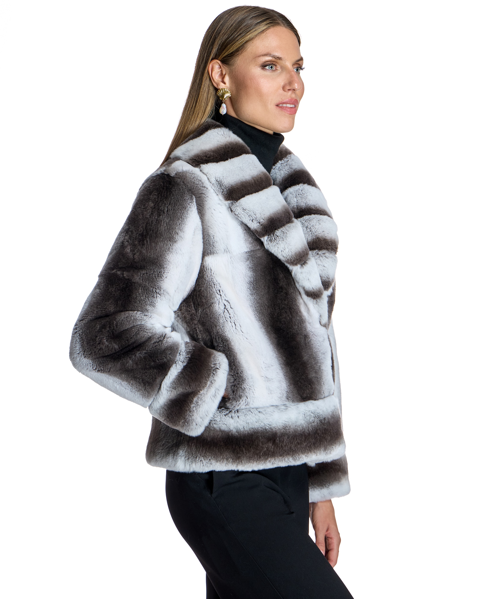 Chaqueta de mujer de pelo rex con cuello chal - Maximilian - Gris / Negro Gris / Negro-2