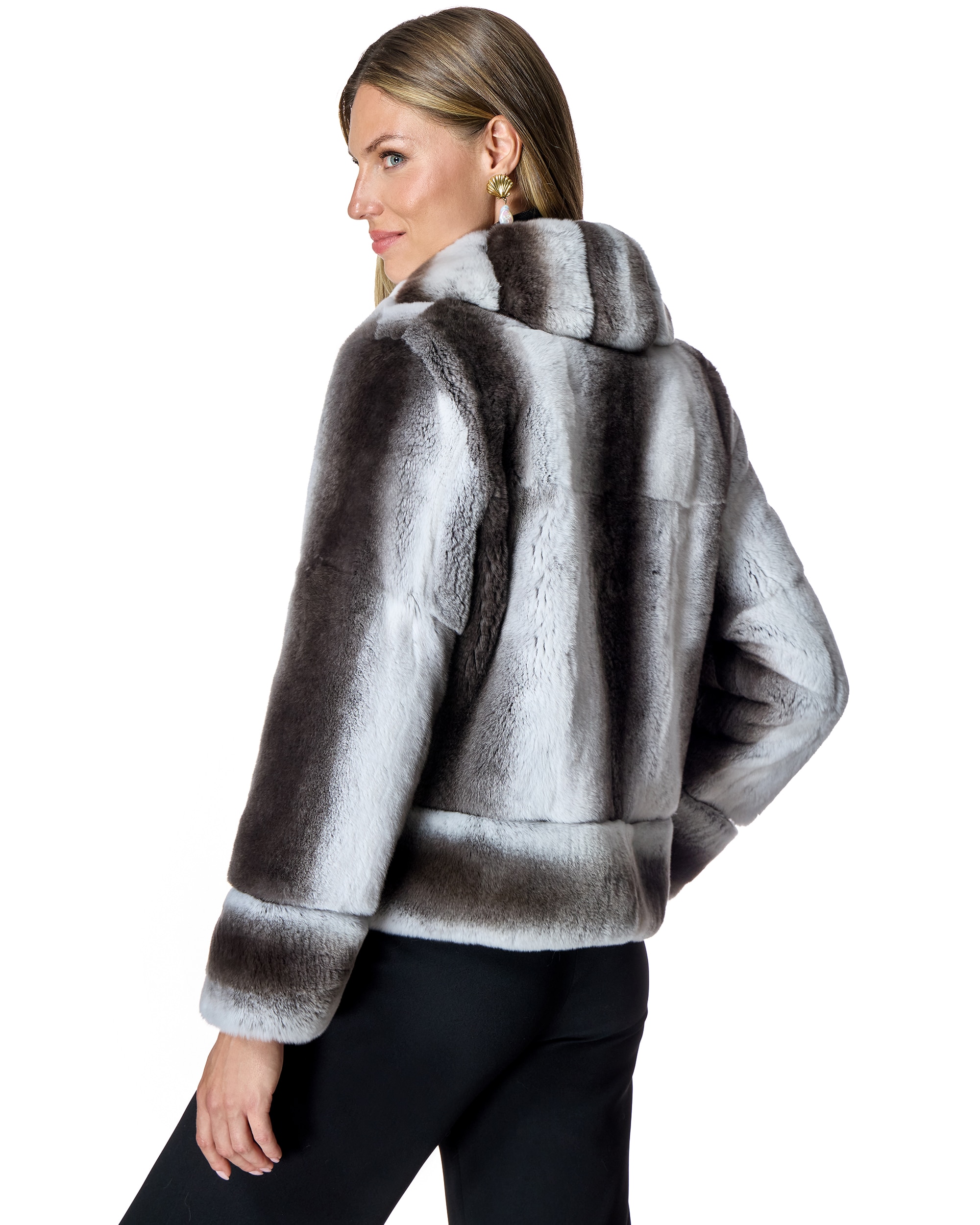 Chaqueta de mujer de pelo rex con cuello chal - Maximilian - Gris / Negro Gris / Negro-3