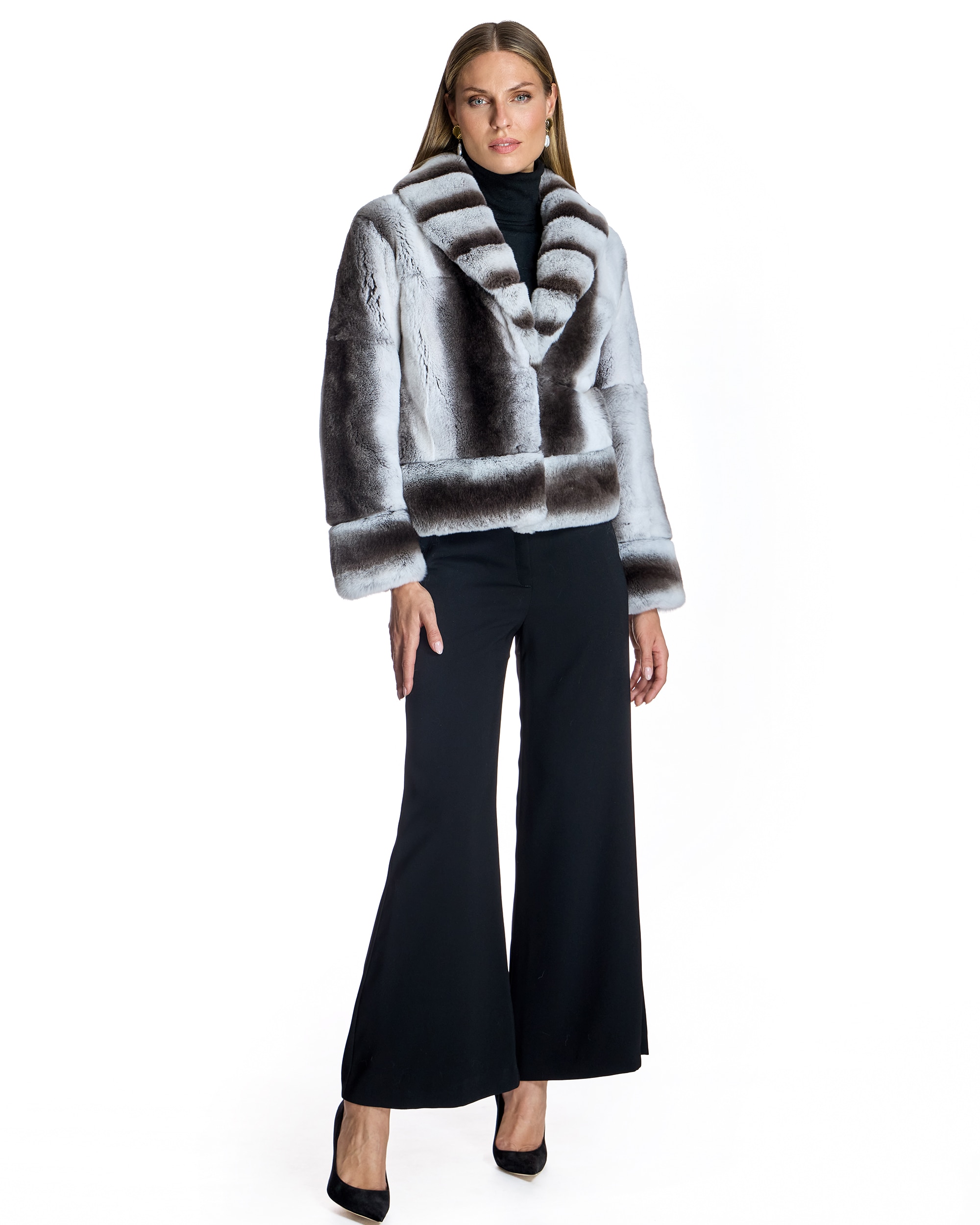 Chaqueta de mujer de pelo rex con cuello chal - Maximilian - Gris / Negro Gris / Negro-4