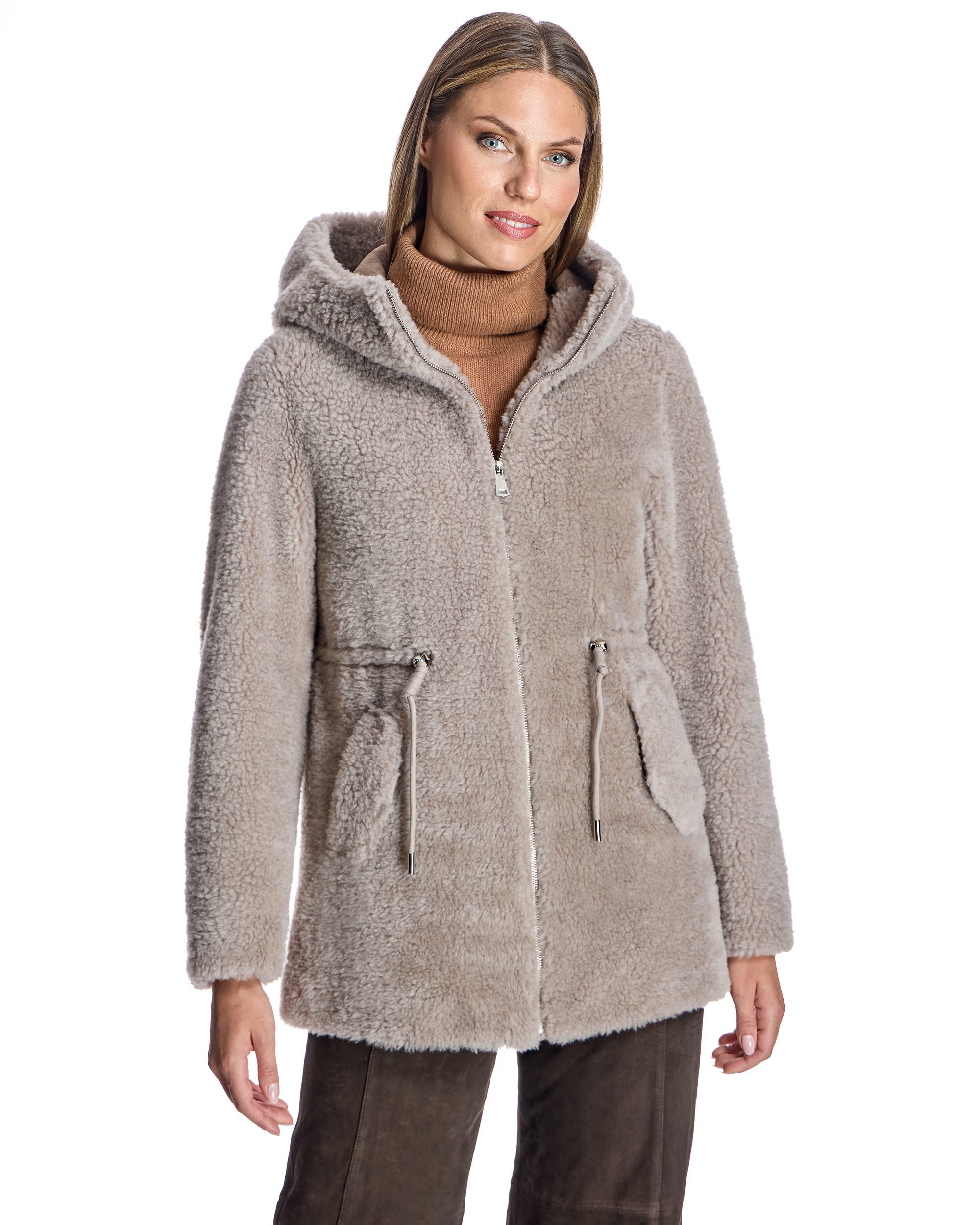 Chaqueta de mujer de lana de cordero con capucha y ceñidor - Maximilian - Topo Topo-1