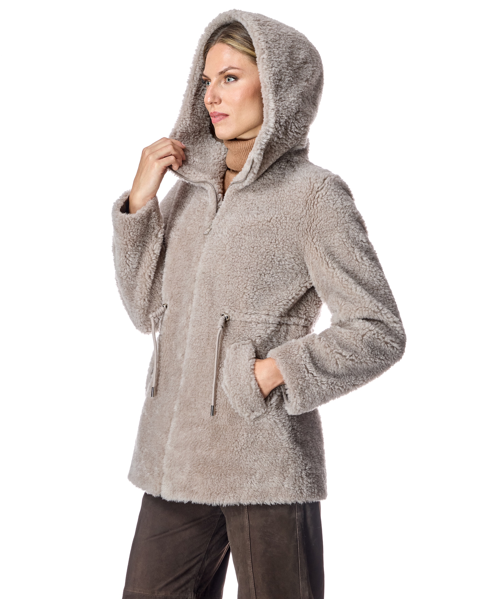 Chaqueta de mujer de lana de cordero con capucha y ceñidor - Maximilian - Topo Topo-2