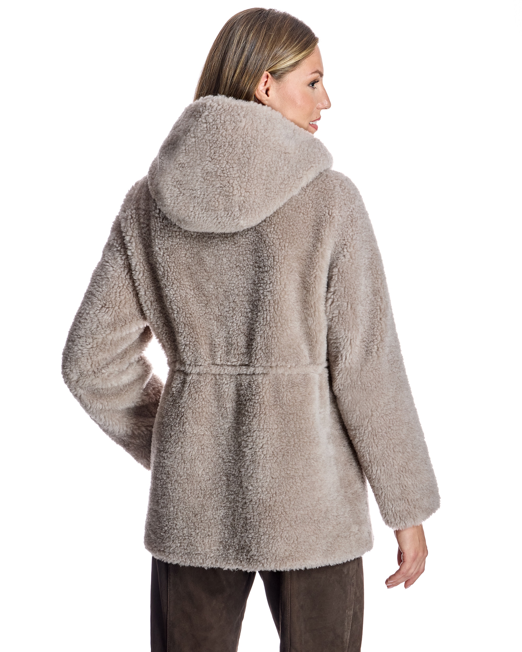 Chaqueta de mujer de lana de cordero con capucha y ceñidor - Maximilian - Topo Topo-3
