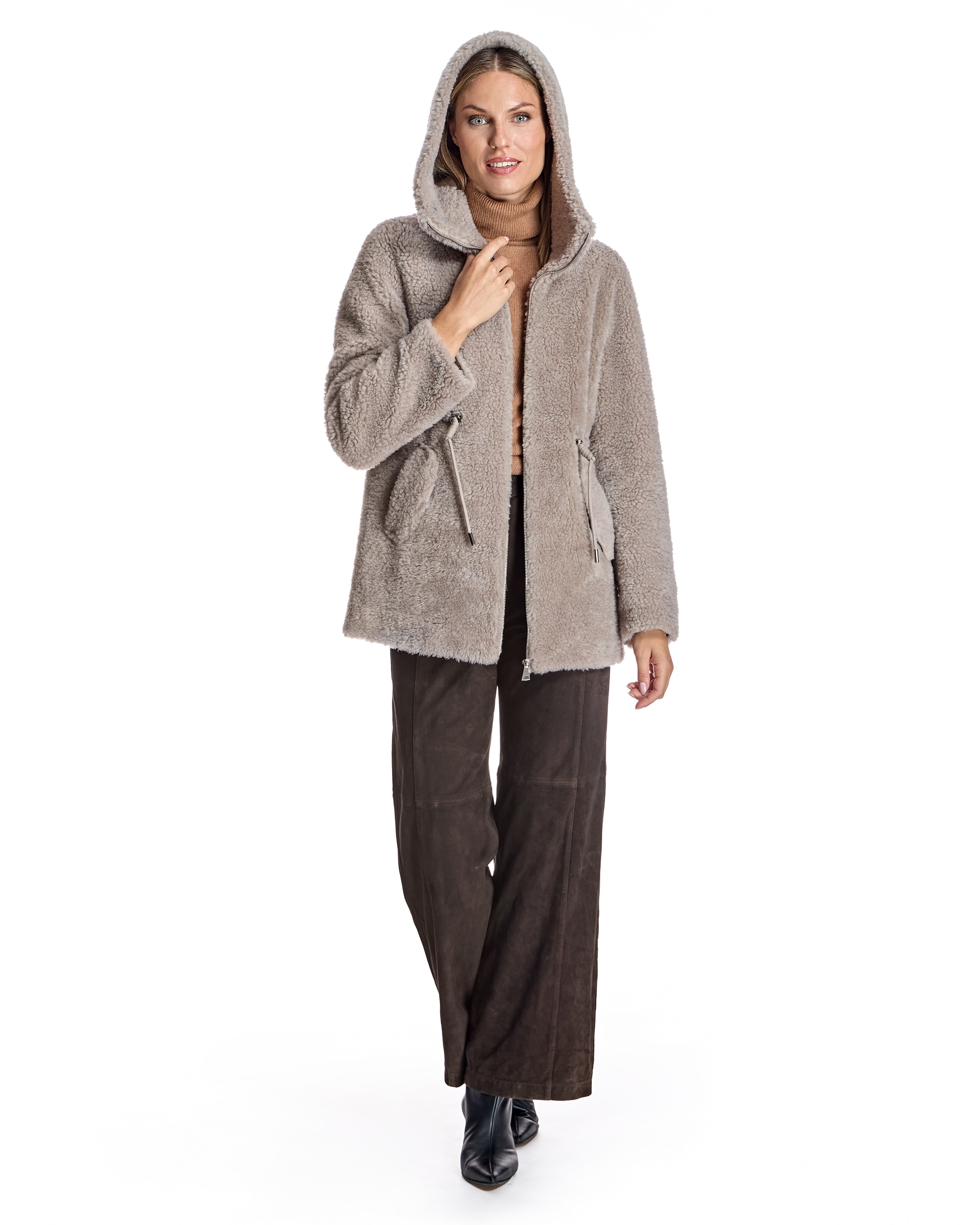 Chaqueta de mujer de lana de cordero con capucha y ceñidor - Maximilian - Topo Topo-4