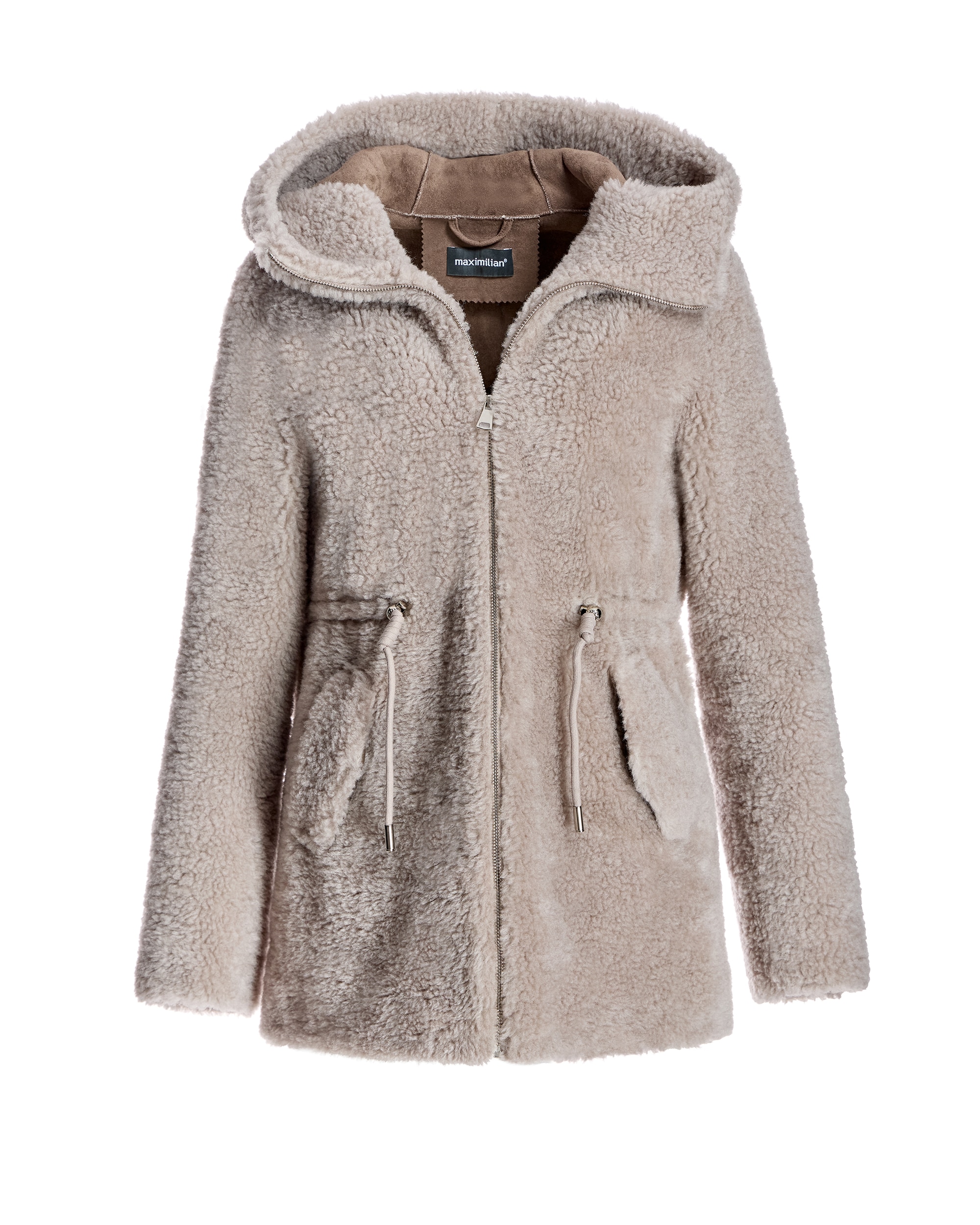 Chaqueta de mujer de lana de cordero con capucha y ceñidor - Maximilian - Topo Topo-6