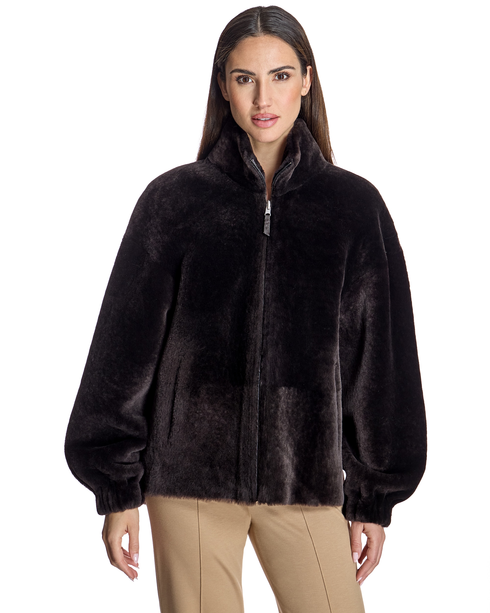 Chaqueta de mujer de cordero reversible con cuello alto y manga abullonada - Maximilian - Marrón oscuro Marrón oscuro-1