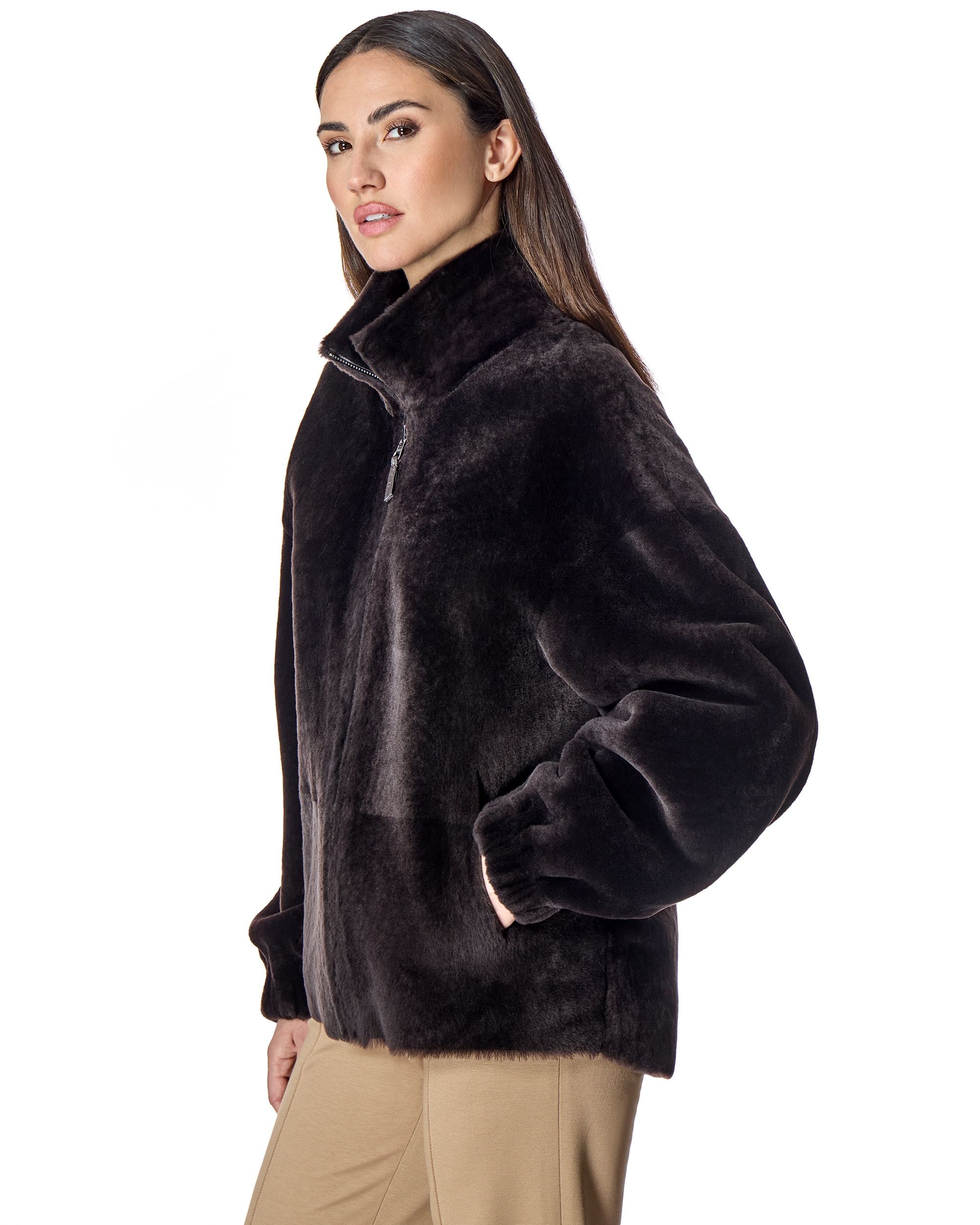 Chaqueta de mujer de cordero reversible con cuello alto y manga abullonada - Maximilian - Marrón oscuro Marrón oscuro-2