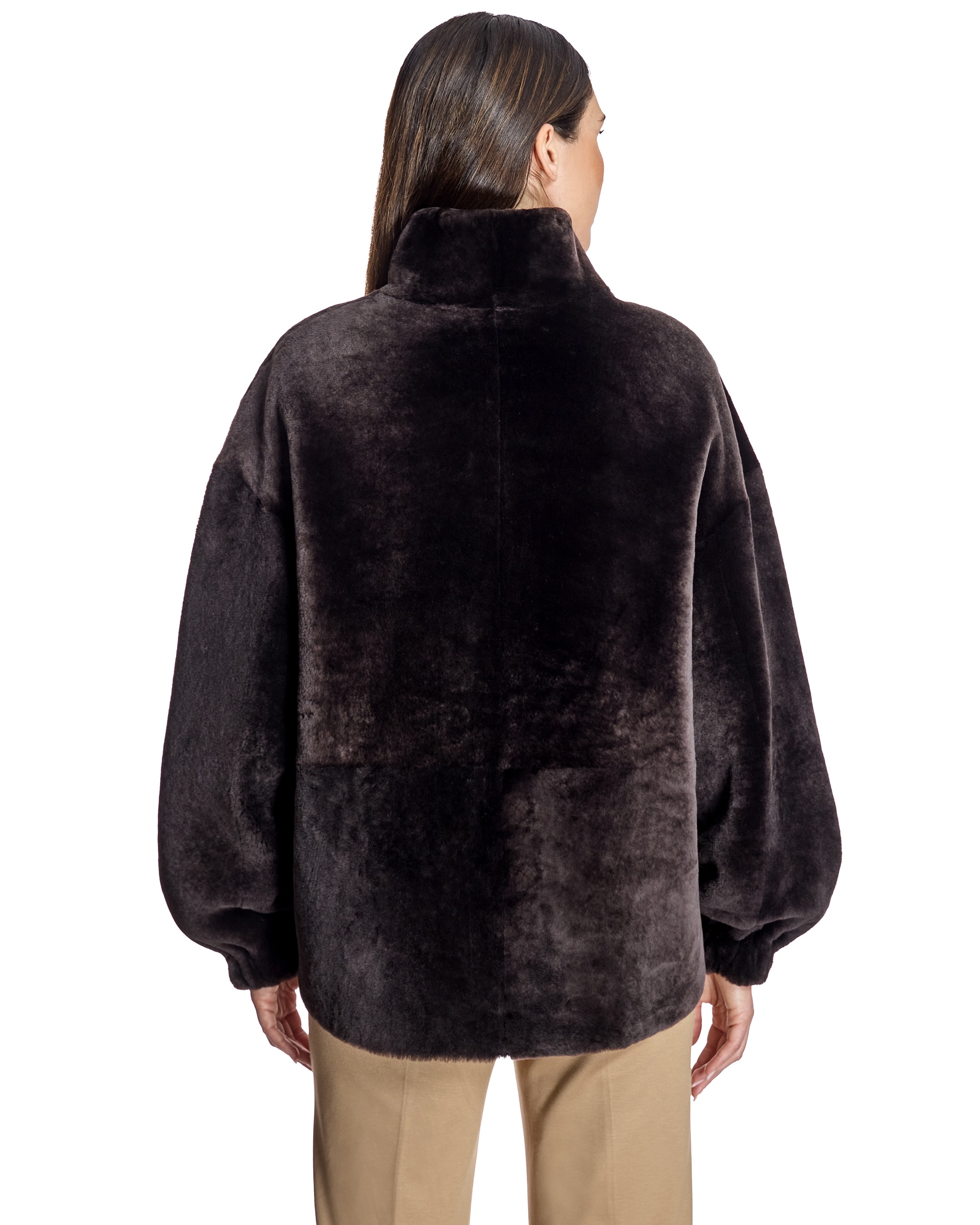 Chaqueta de mujer de cordero reversible con cuello alto y manga abullonada - Maximilian - Marrón oscuro Marrón oscuro-3
