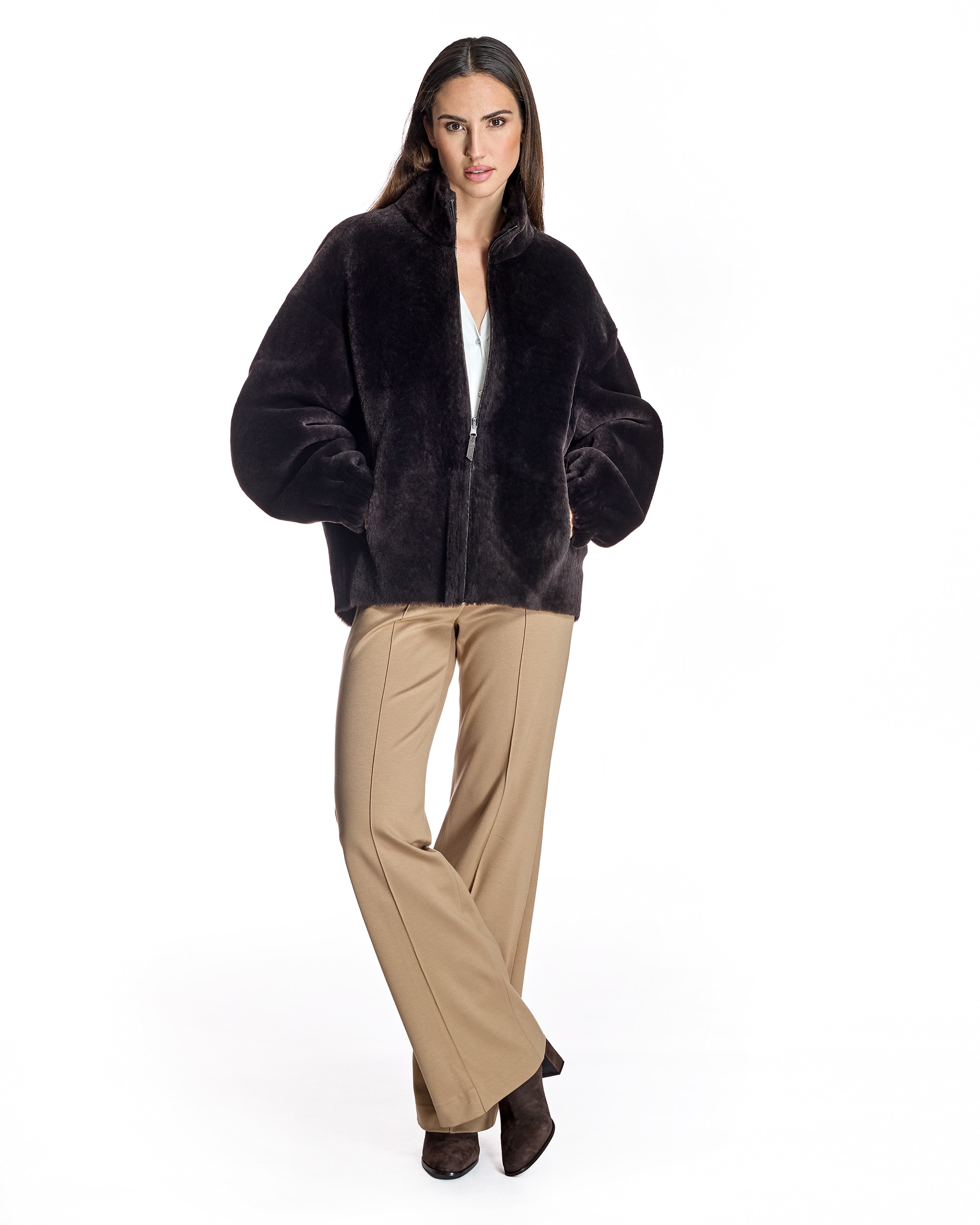 Chaqueta de mujer de cordero reversible con cuello alto y manga abullonada - Maximilian - Marrón oscuro Marrón oscuro-4