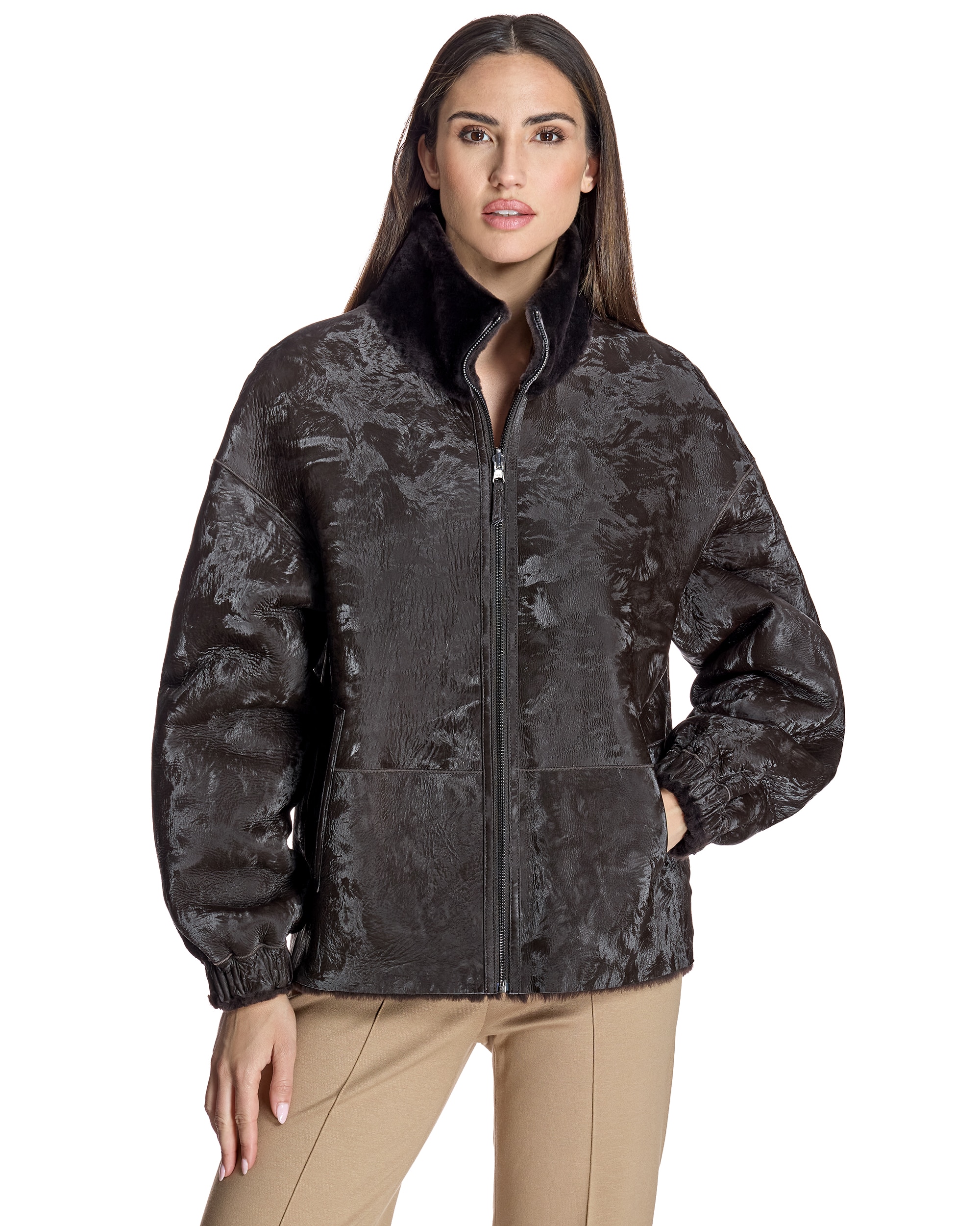 Chaqueta de mujer de cordero reversible con cuello alto y manga abullonada - Maximilian - Marrón oscuro Marrón oscuro-6