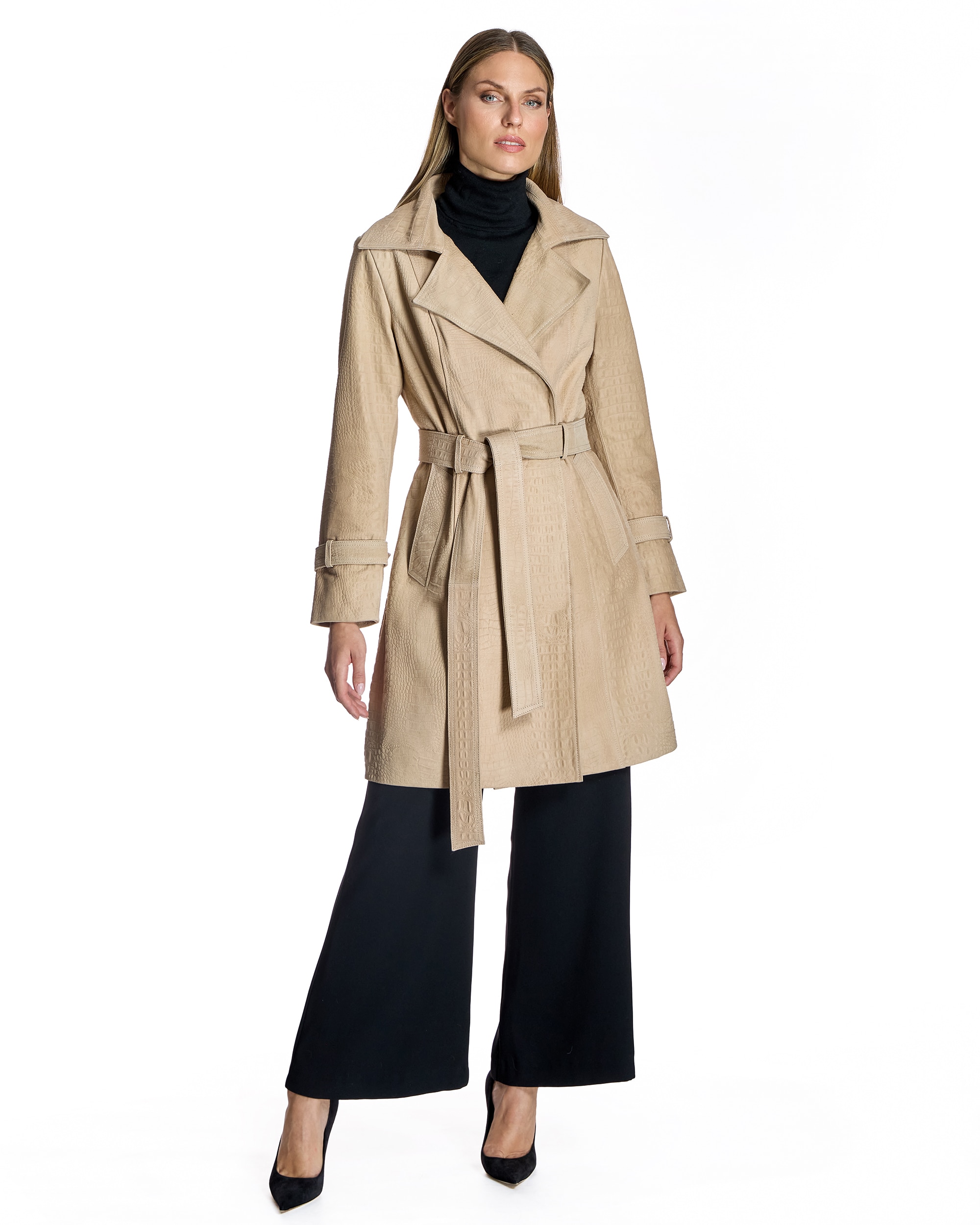 Abrigo de mujer de ante de cabra con grabado de cocodrilo - Maximilian - Beige Beige-4