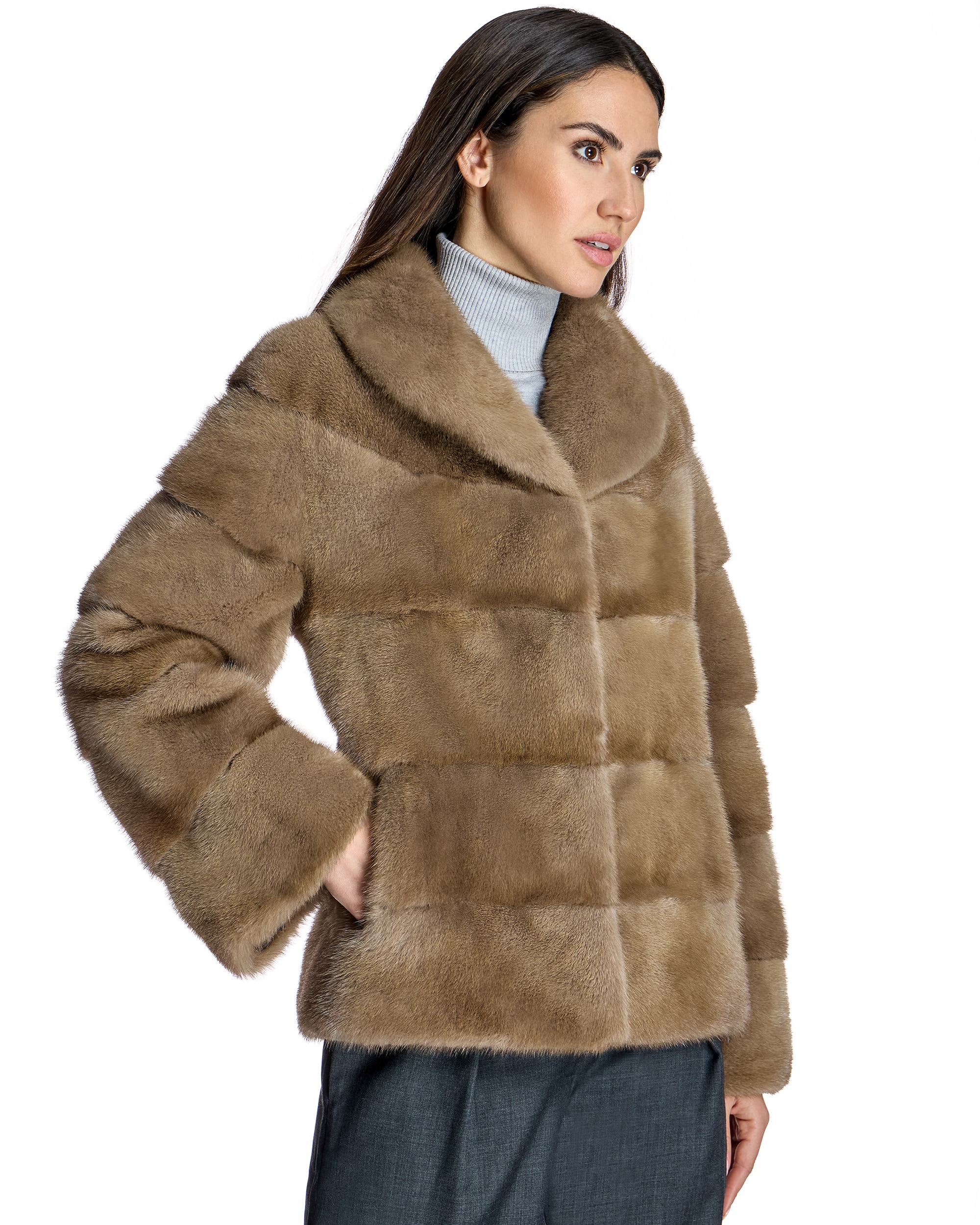 Chaqueta de mujer de pelo de visón en horizontal con cuello camisero - Maximilian - Crema Crema-2