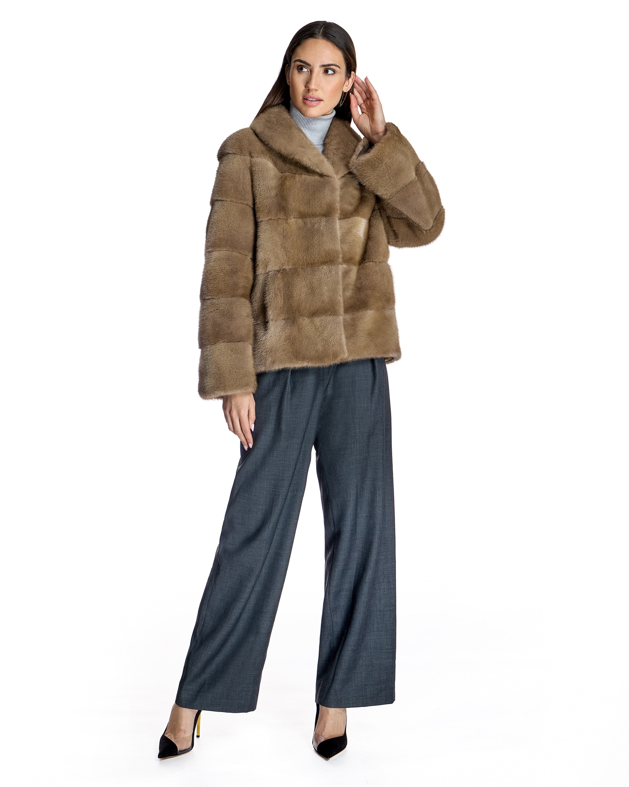 Chaqueta de mujer de pelo de visón en horizontal con cuello camisero - Maximilian - Crema Crema-4