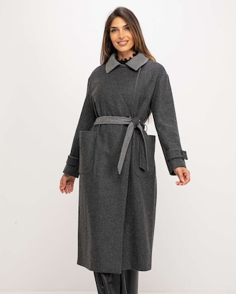 Abrigo de mujer largo y cruzado con cuello solapa, confeccionado